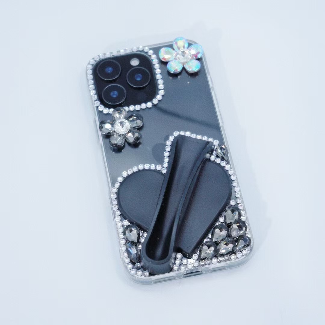 BEISOKY Factory Creative Design Beautiful Heart Shaped Silicone Lipstick Diamond Flower Gemstone Mobile Phone Cover for Iphone 15 16 17