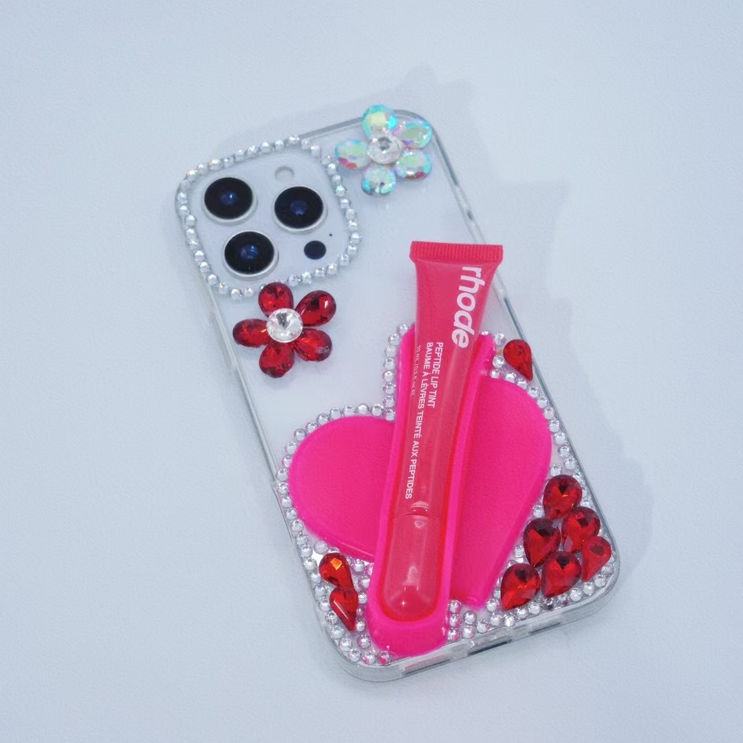 BEISOKY Factory Creative Design Beautiful Heart Shaped Silicone Lipstick Diamond Flower Gemstone Mobile Phone Cover for Iphone 15 16 17