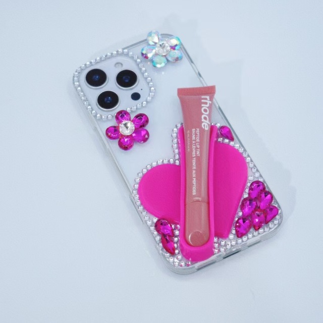 BEISOKY Factory Creative Design Beautiful Heart Shaped Silicone Lipstick Diamond Flower Gemstone Mobile Phone Cover for Iphone 15 16 17
