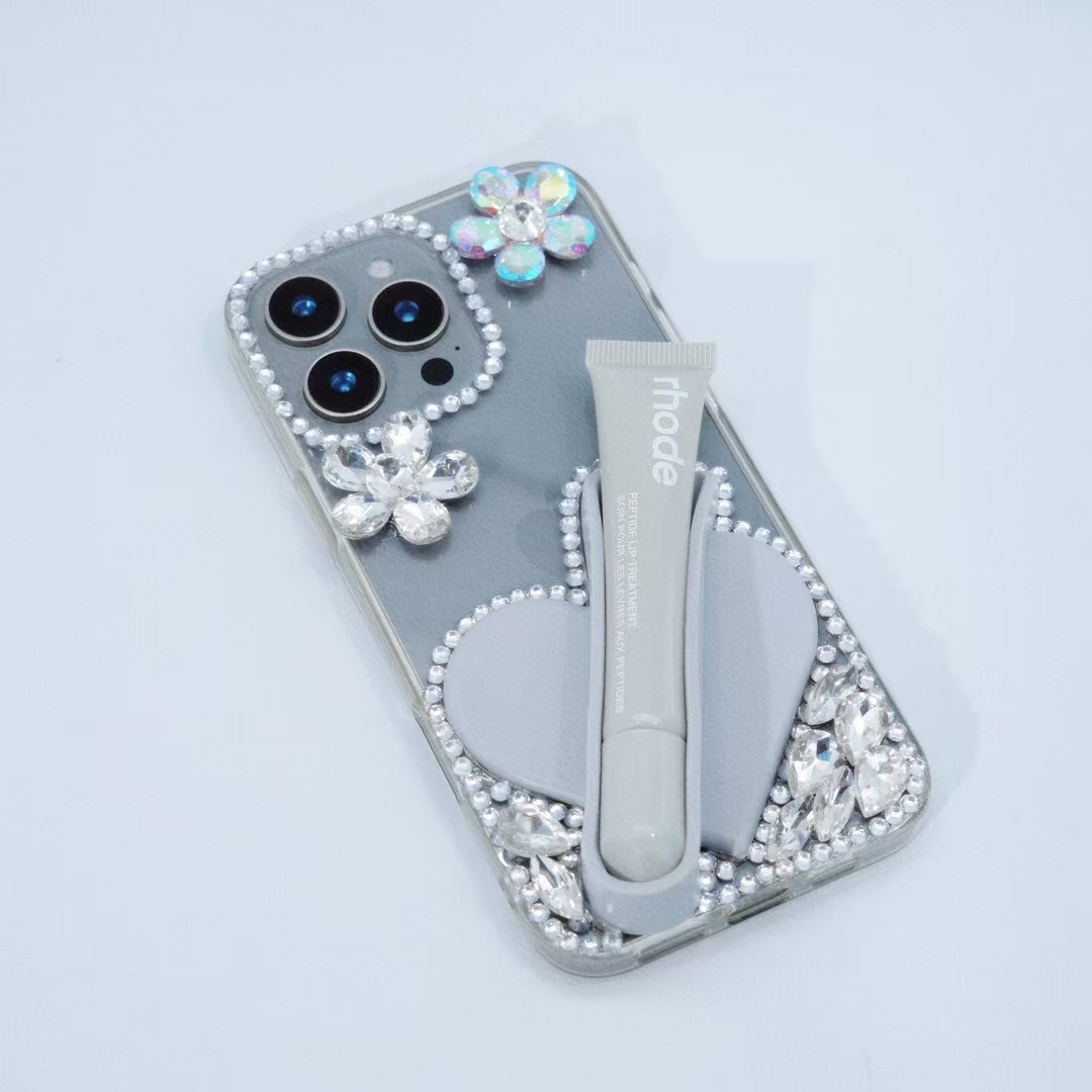 BEISOKY Factory Creative Design Beautiful Heart Shaped Silicone Lipstick Diamond Flower Gemstone Mobile Phone Cover for Iphone 15 16 17