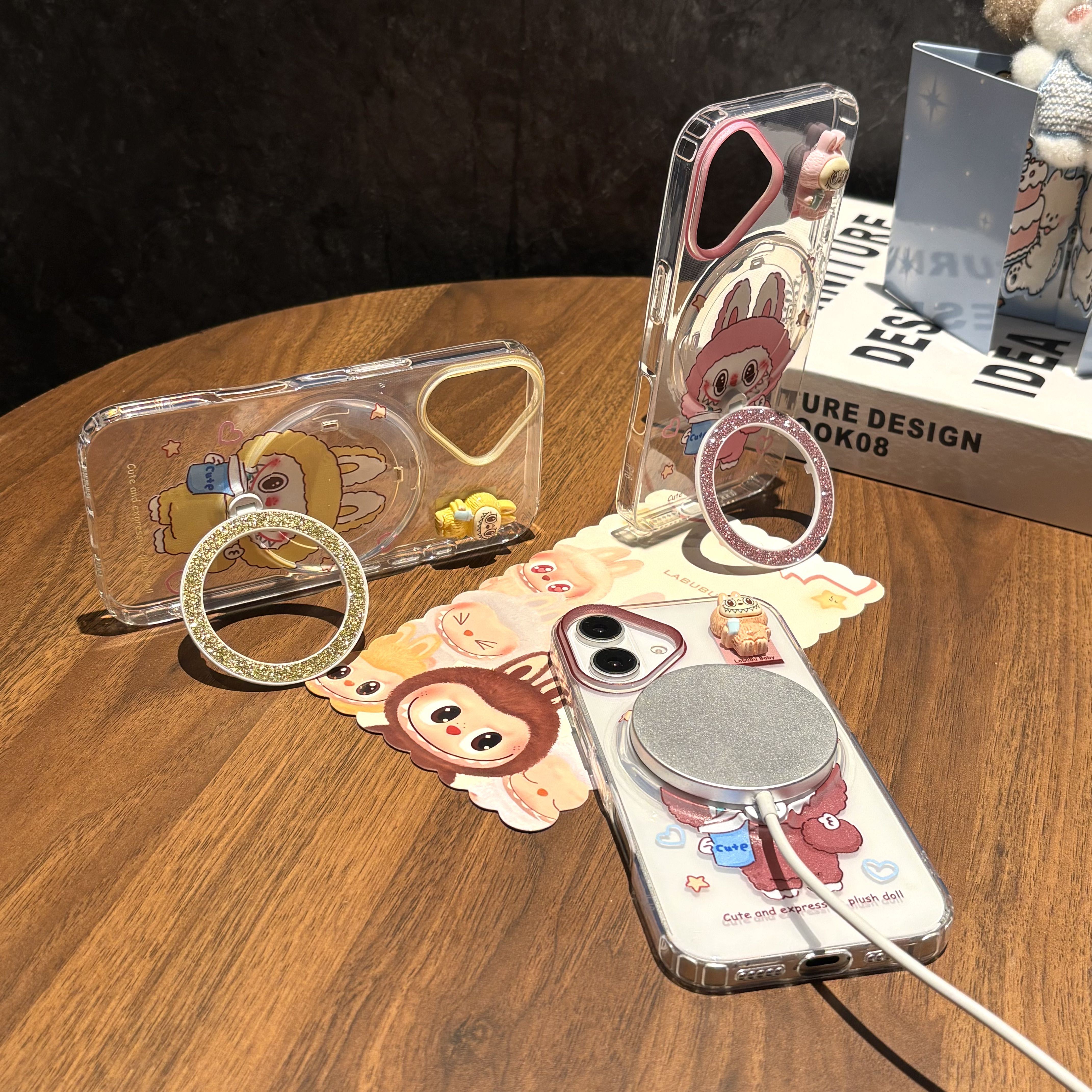 BEISOKY New Popular Cartoon Lucky Labubu Magnetic Wireless Charging Stand Holder Glitter Cell Phone Case for iPhone 17 16 Pro Max 15 14 13 Back Cover
