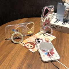 BEISOKY New Popular Cartoon Lucky Labubu Magnetic Wireless Charging Stand Holder Glitter Cell Phone Case for iPhone 17 16 Pro Max 15 14 13 Back Cover