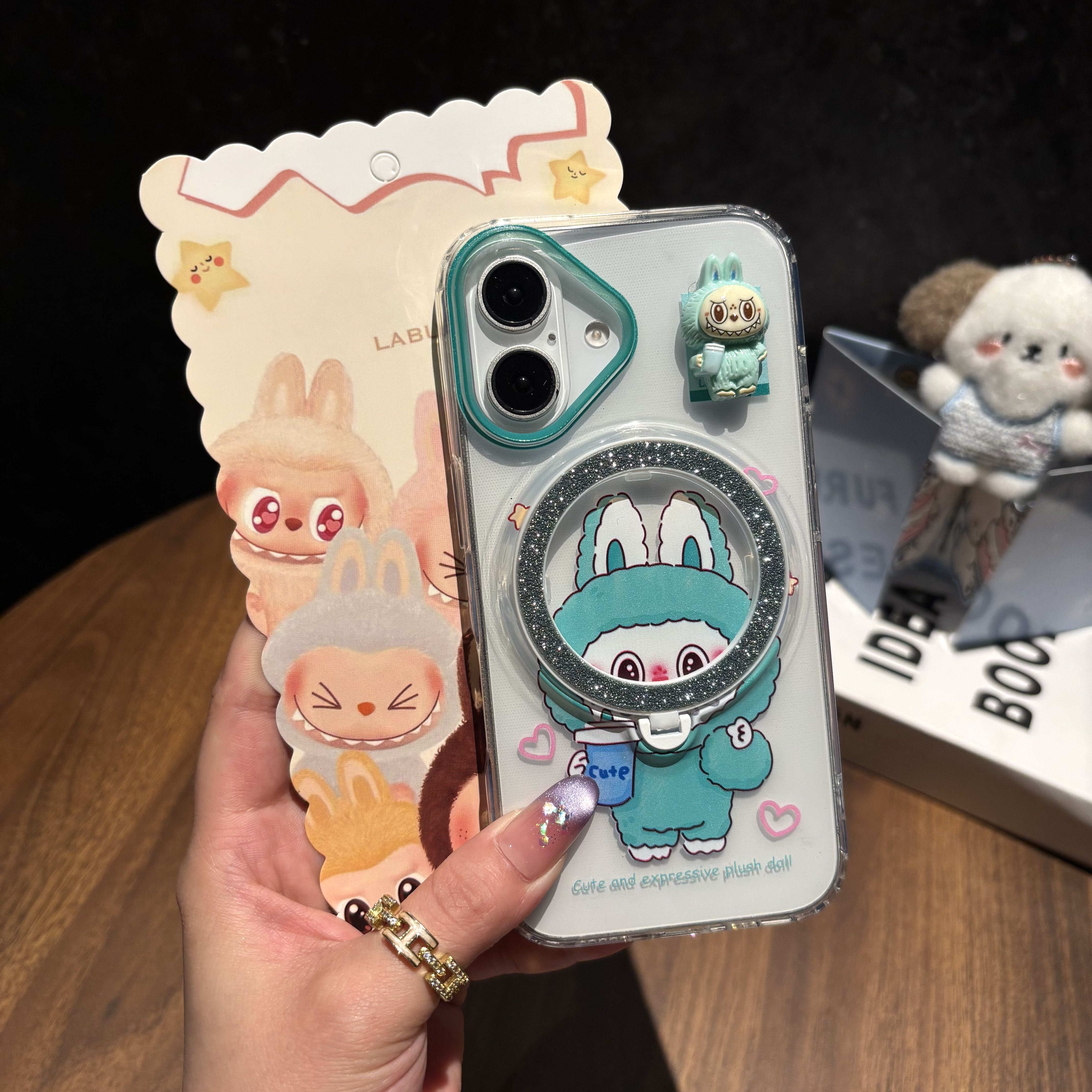 BEISOKY New Popular Cartoon Lucky Labubu Magnetic Wireless Charging Stand Holder Glitter Cell Phone Case for iPhone 17 16 Pro Max 15 14 13 Back Cover