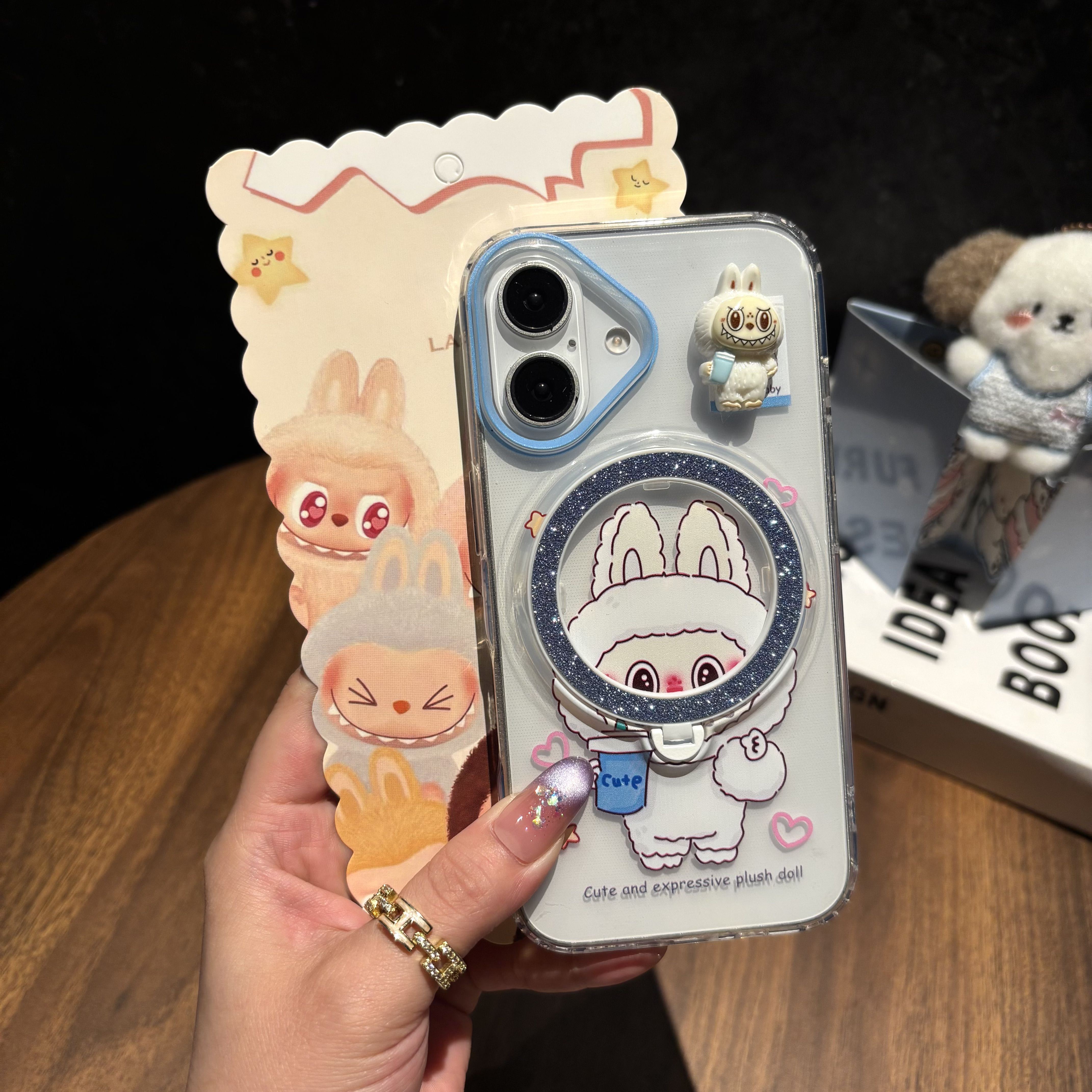 BEISOKY New Popular Cartoon Lucky Labubu Magnetic Wireless Charging Stand Holder Glitter Cell Phone Case for iPhone 17 16 Pro Max 15 14 13 Back Cover