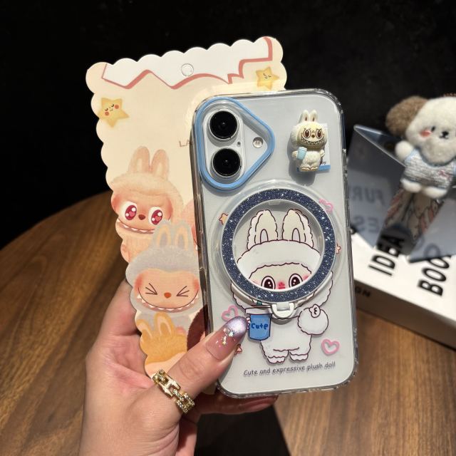 BEISOKY New Popular Cartoon Lucky Labubu Magnetic Wireless Charging Stand Holder Glitter Cell Phone Case for iPhone 17 16 Pro Max 15 14 13 Back Cover