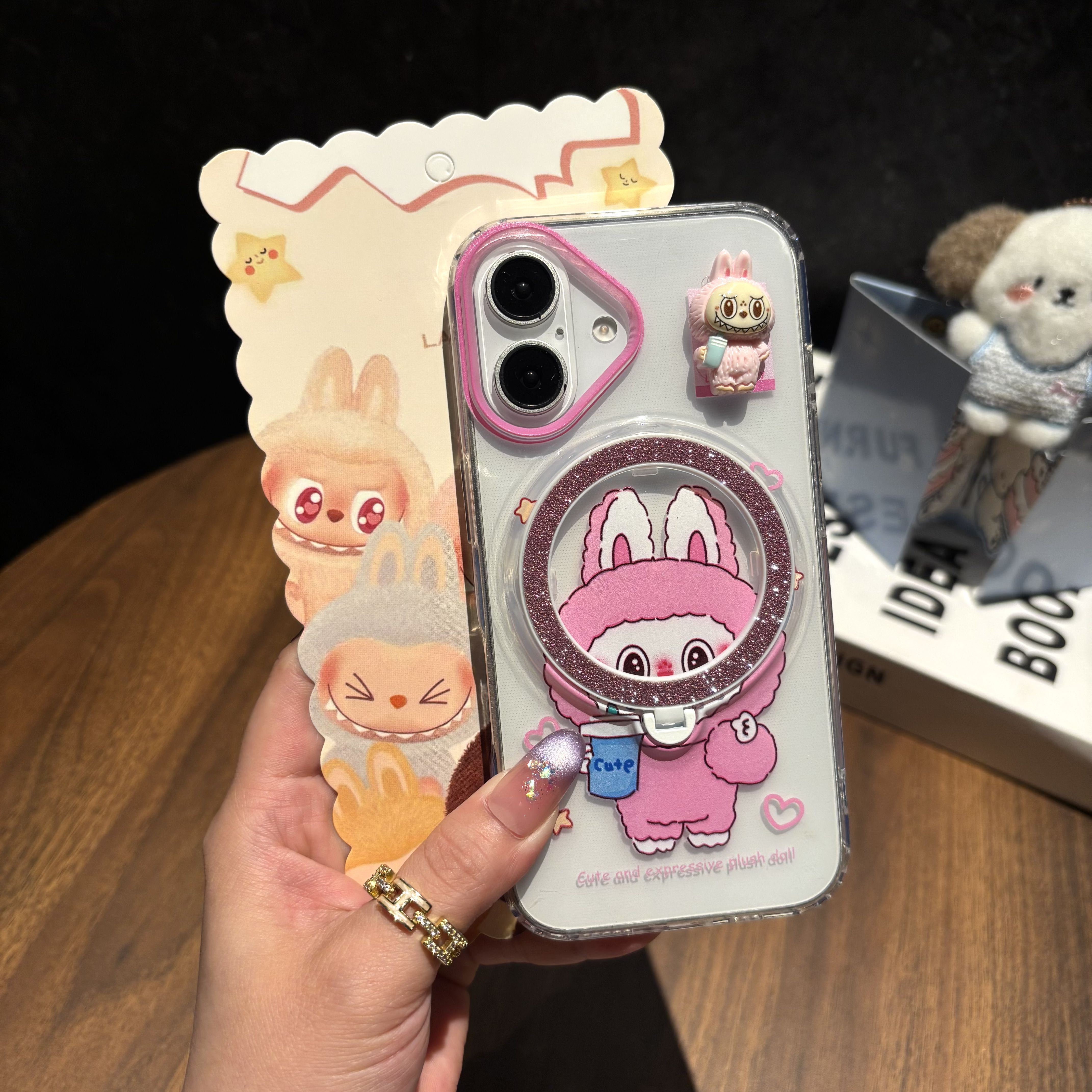 BEISOKY New Popular Cartoon Lucky Labubu Magnetic Wireless Charging Stand Holder Glitter Cell Phone Case for iPhone 17 16 Pro Max 15 14 13 Back Cover