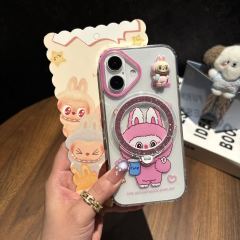 BEISOKY New Popular Cartoon Lucky Labubu Magnetic Wireless Charging Stand Holder Glitter Cell Phone Case for iPhone 17 16 Pro Max 15 14 13 Back Cover