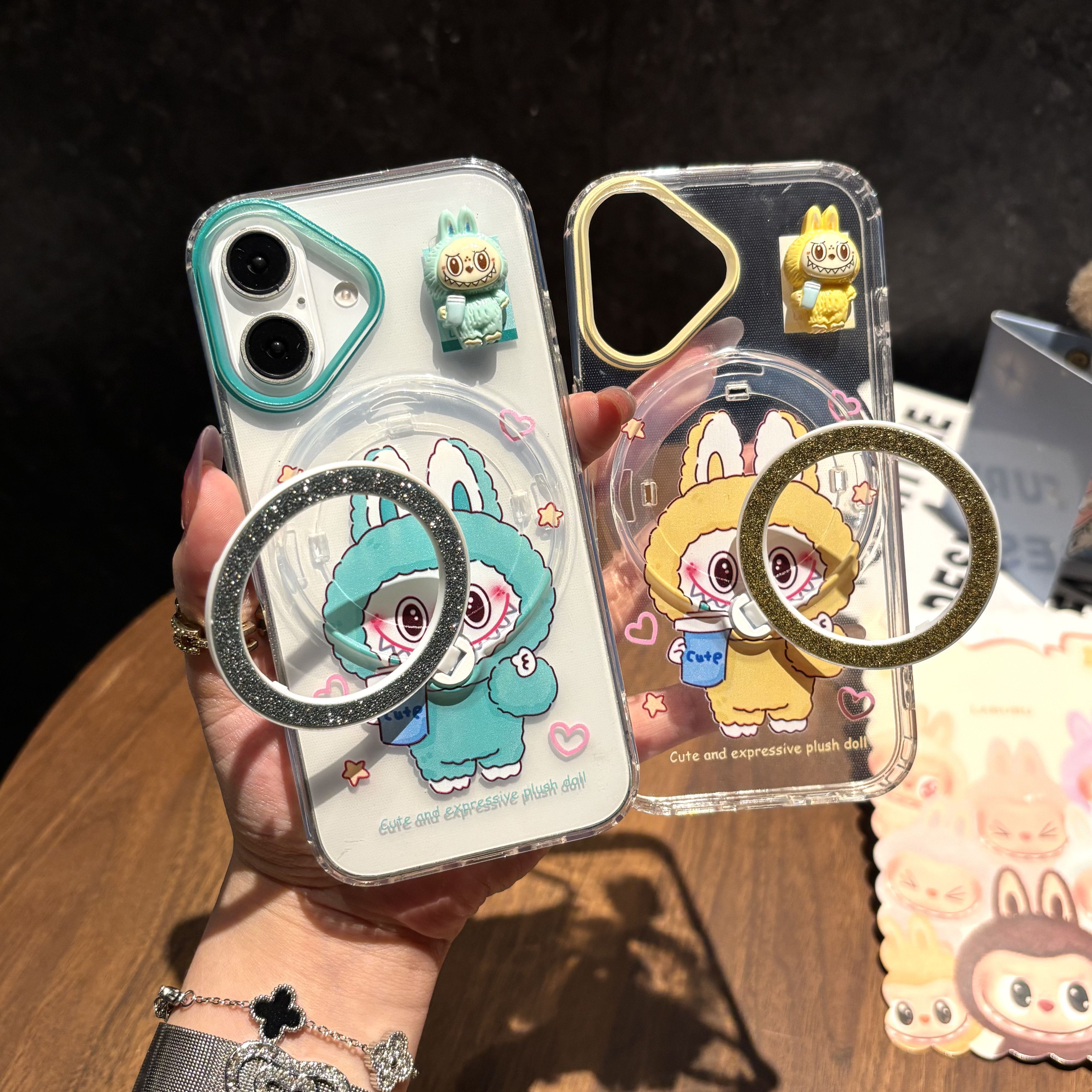 BEISOKY New Popular Cartoon Lucky Labubu Magnetic Wireless Charging Stand Holder Glitter Cell Phone Case for iPhone 17 16 Pro Max 15 14 13 Back Cover