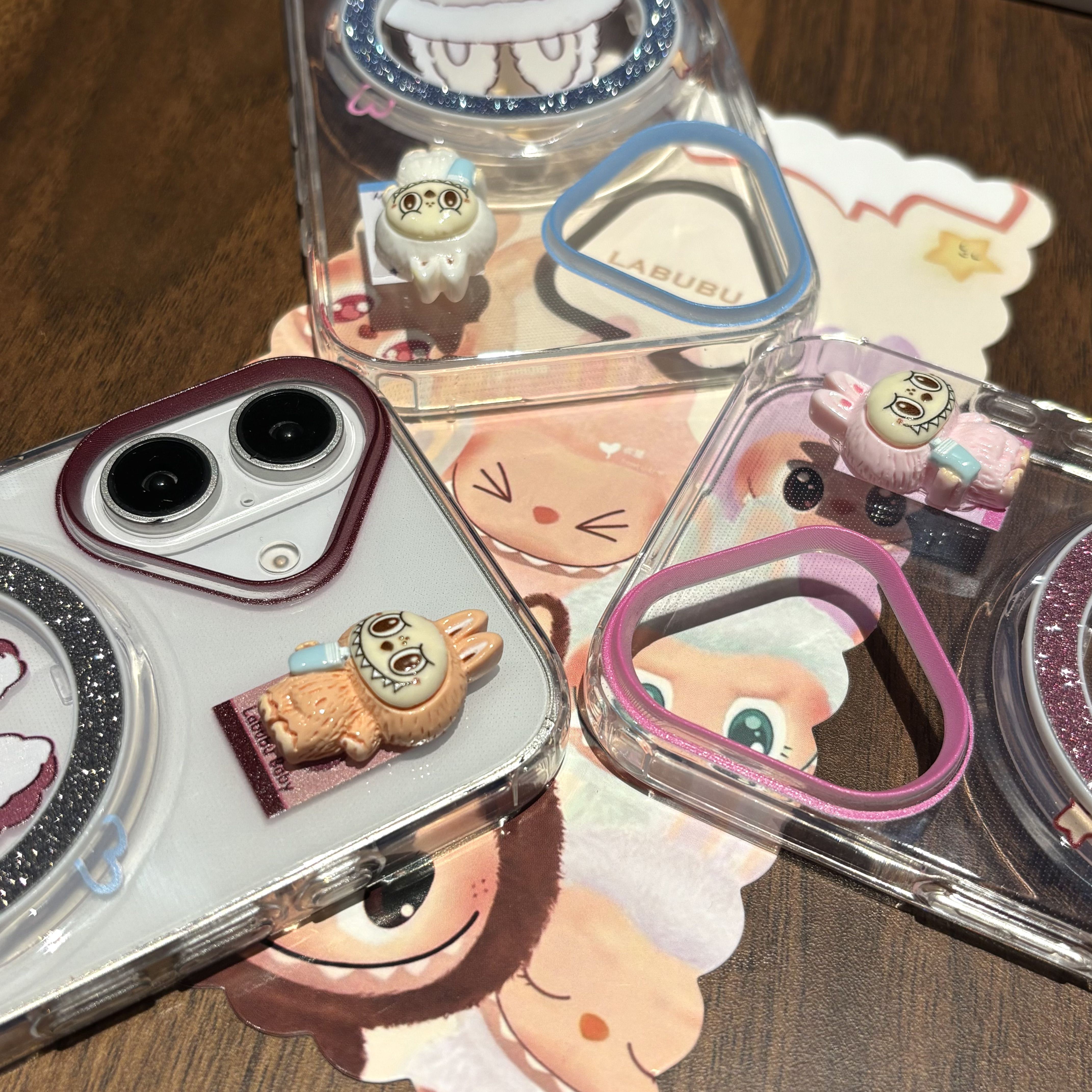 BEISOKY New Popular Cartoon Lucky Labubu Magnetic Wireless Charging Stand Holder Glitter Cell Phone Case for iPhone 17 16 Pro Max 15 14 13 Back Cover