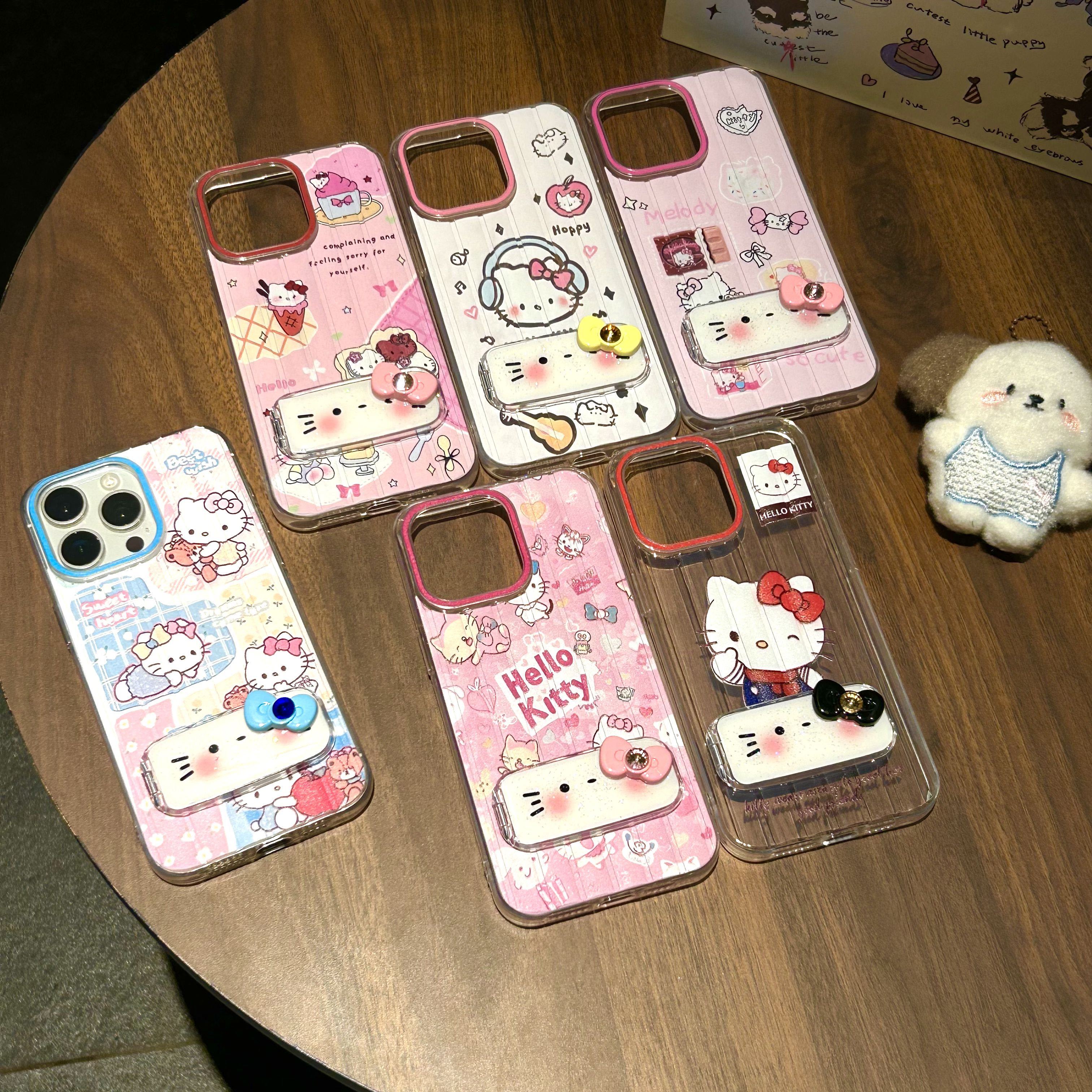 BEISOKY New Design Hello Kitty Cute Phone Case Phone Grip Mirror Bracket Mobile Phone Cover for iPhone 16 17 pro max