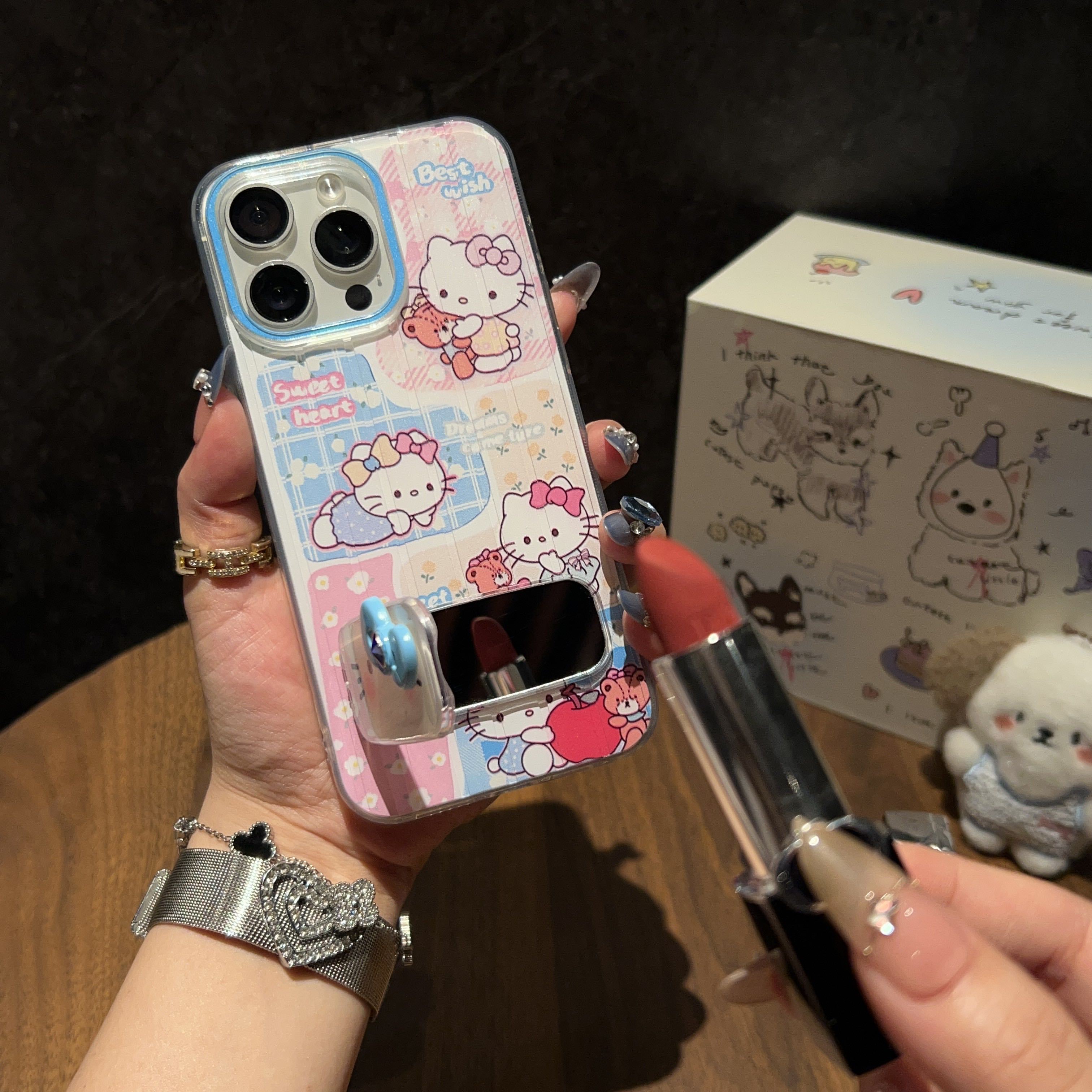 BEISOKY New Design Hello Kitty Cute Phone Case Phone Grip Mirror Bracket Mobile Phone Cover for iPhone 16 17 pro max