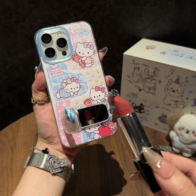 BEISOKY New Design Hello Kitty Cute Phone Case Phone Grip Mirror Bracket Mobile Phone Cover for iPhone 16 17 pro max