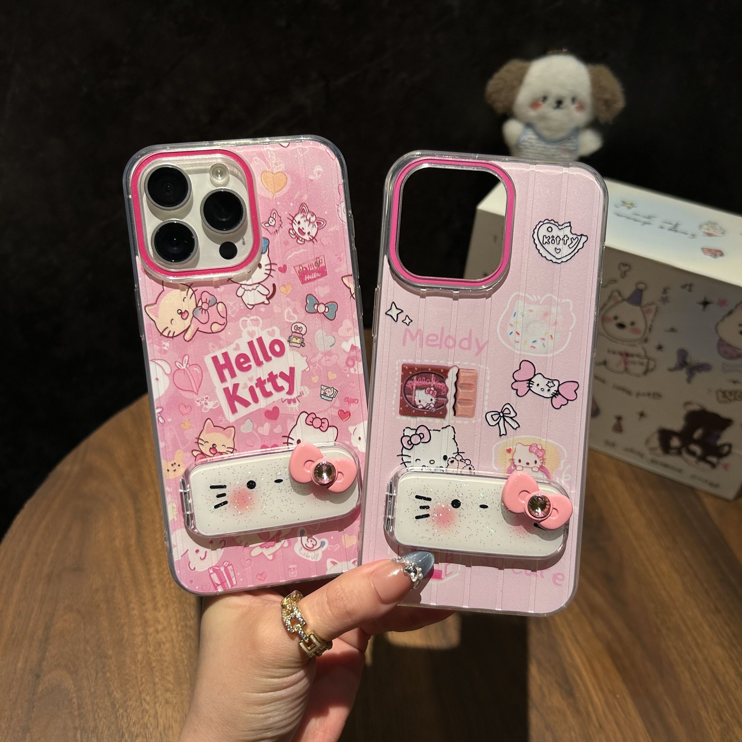 BEISOKY New Design Hello Kitty Cute Phone Case Phone Grip Mirror Bracket Mobile Phone Cover for iPhone 16 17 pro max