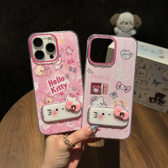 BEISOKY New Design Hello Kitty Cute Phone Case Phone Grip Mirror Bracket Mobile Phone Cover for iPhone 16 17 pro max