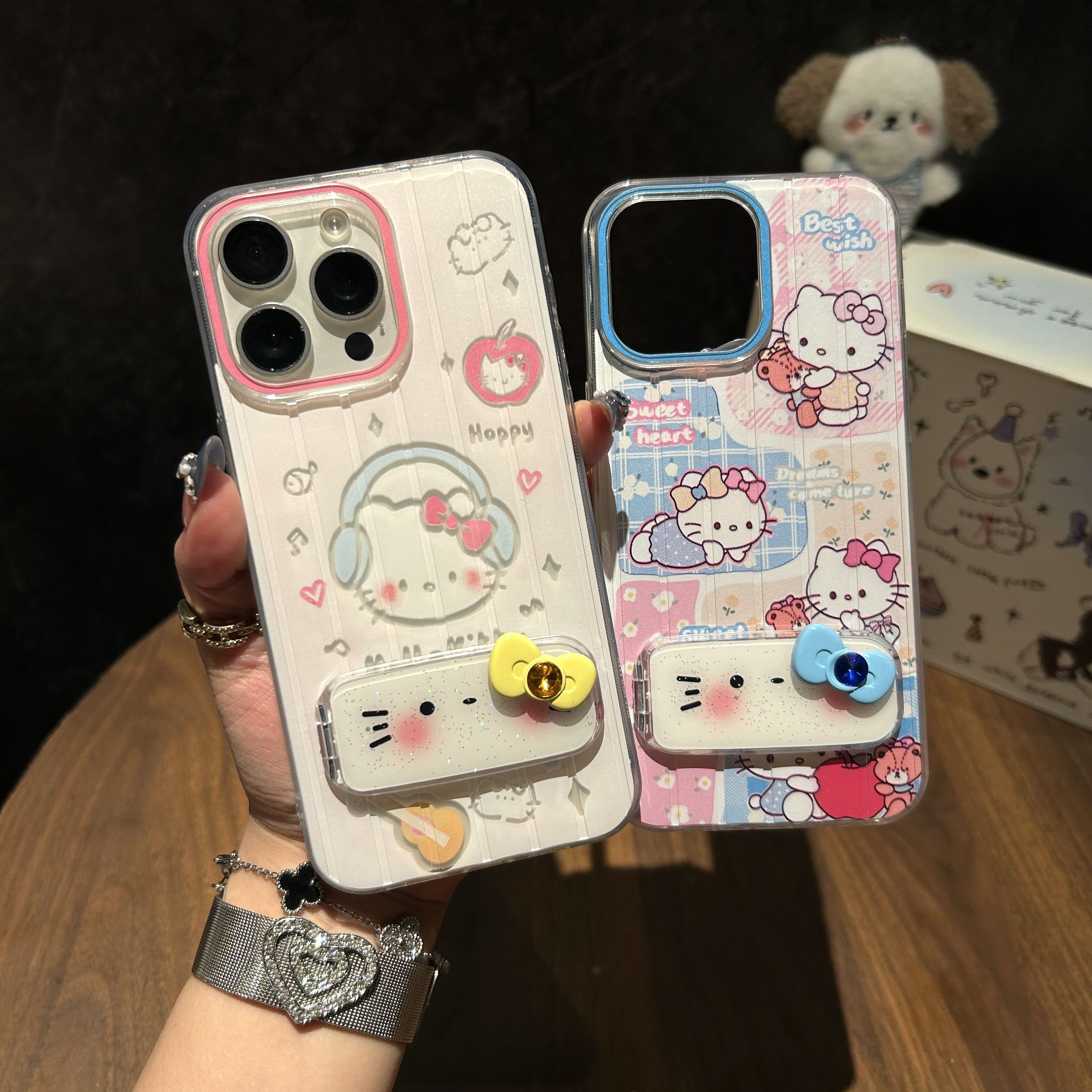 BEISOKY New Design Hello Kitty Cute Phone Case Phone Grip Mirror Bracket Mobile Phone Cover for iPhone 16 17 pro max