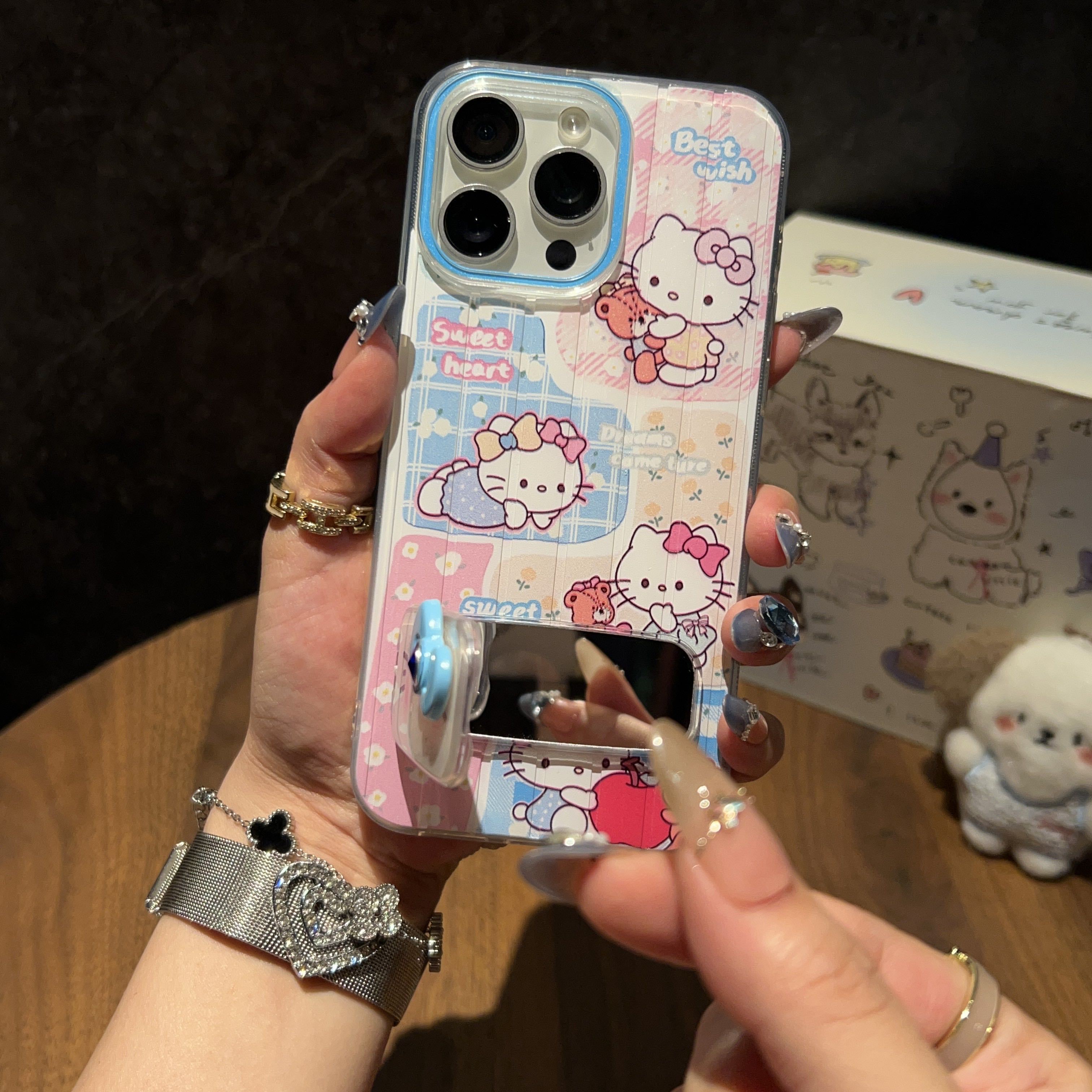 BEISOKY New Design Hello Kitty Cute Phone Case Phone Grip Mirror Bracket Mobile Phone Cover for iPhone 16 17 pro max