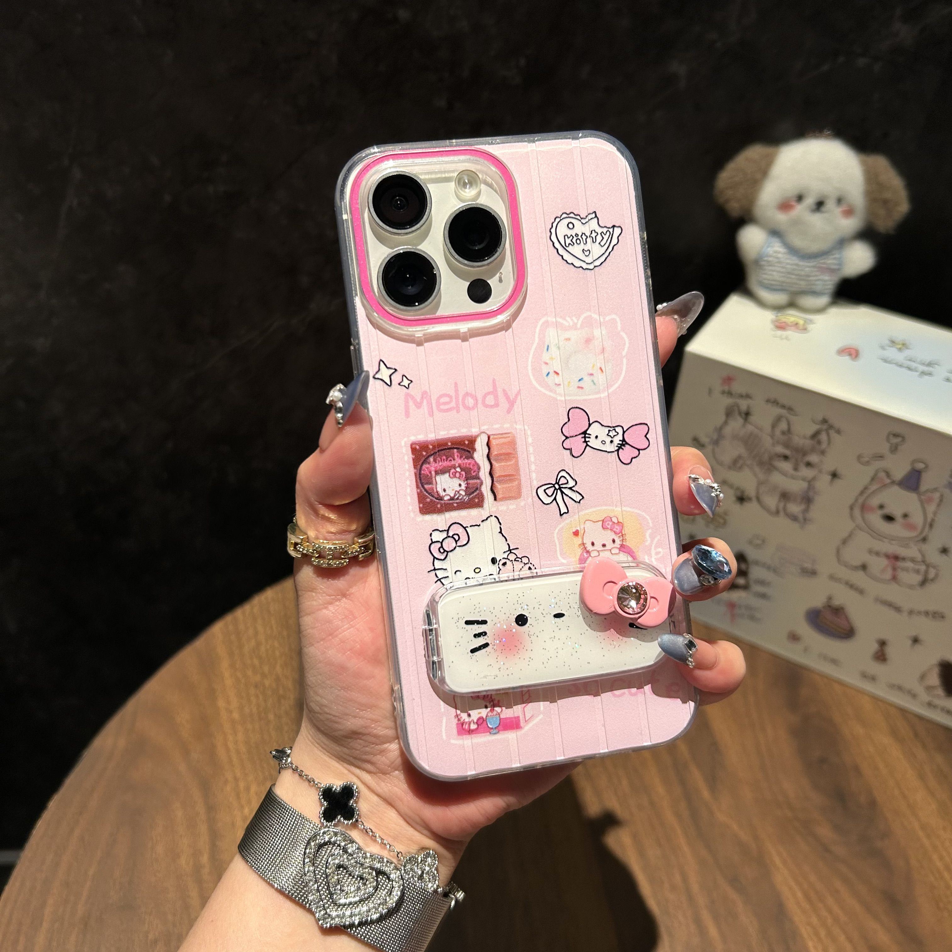 BEISOKY New Design Hello Kitty Cute Phone Case Phone Grip Mirror Bracket Mobile Phone Cover for iPhone 16 17 pro max