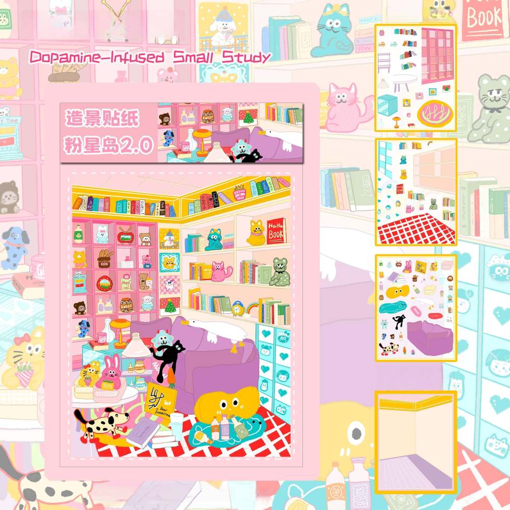 Little Pink House 3D Sticker Scene-Dopamine-infused Small Study|Dopamine Small Kitchen|Dopamine Small Bathroom|Dopamine-infused Small Living Room