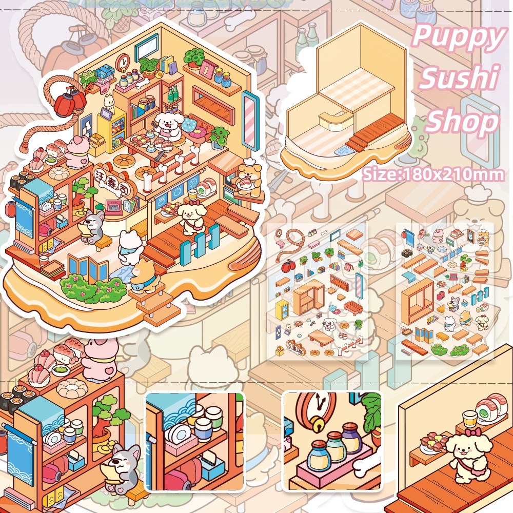 3D sticker Scene|Pander Pizza Restaurant|Magic Castle|Puppy Sushi Shop