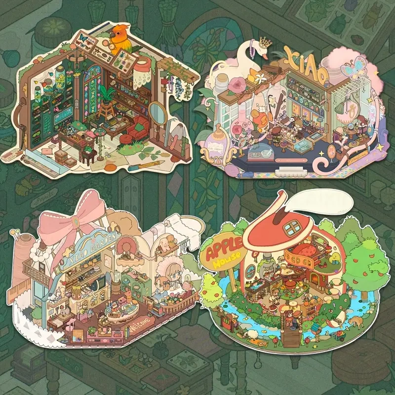 DIY 3D Miniature Scene Sticker-Retro Dollhouse|Botanist's Box|Apple Cabin|Magic Perfume Shop