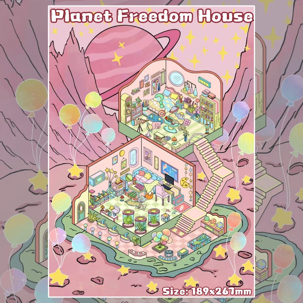 DIY 3D Miniature Scene Sticker-Moon Secret Base|Planet Freedom House|Blue Planet House|Rose Planet| All in 4 themes