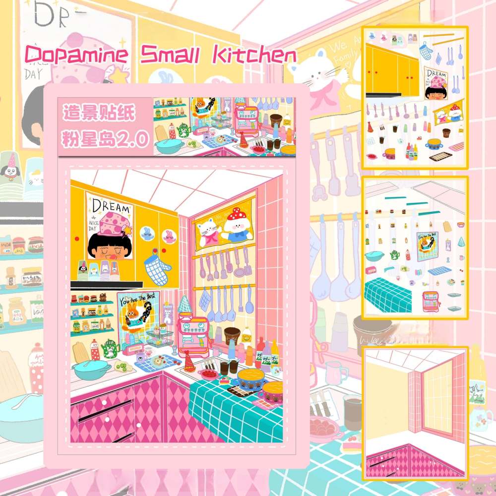 Little Pink House 3D Miniature Scenes Sticker-Dopamine-infused Small Study|Dopamine Small Kitchen|Dopamine Small Bathroom|Dopamine-infused Small Living Room