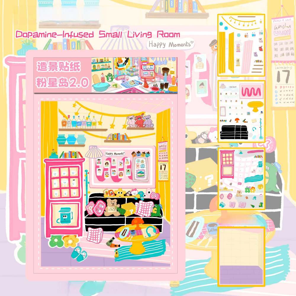 Little Pink House 3D Miniature Scenes Sticker-Dopamine-infused Small Study|Dopamine Small Kitchen|Dopamine Small Bathroom|Dopamine-infused Small Living Room