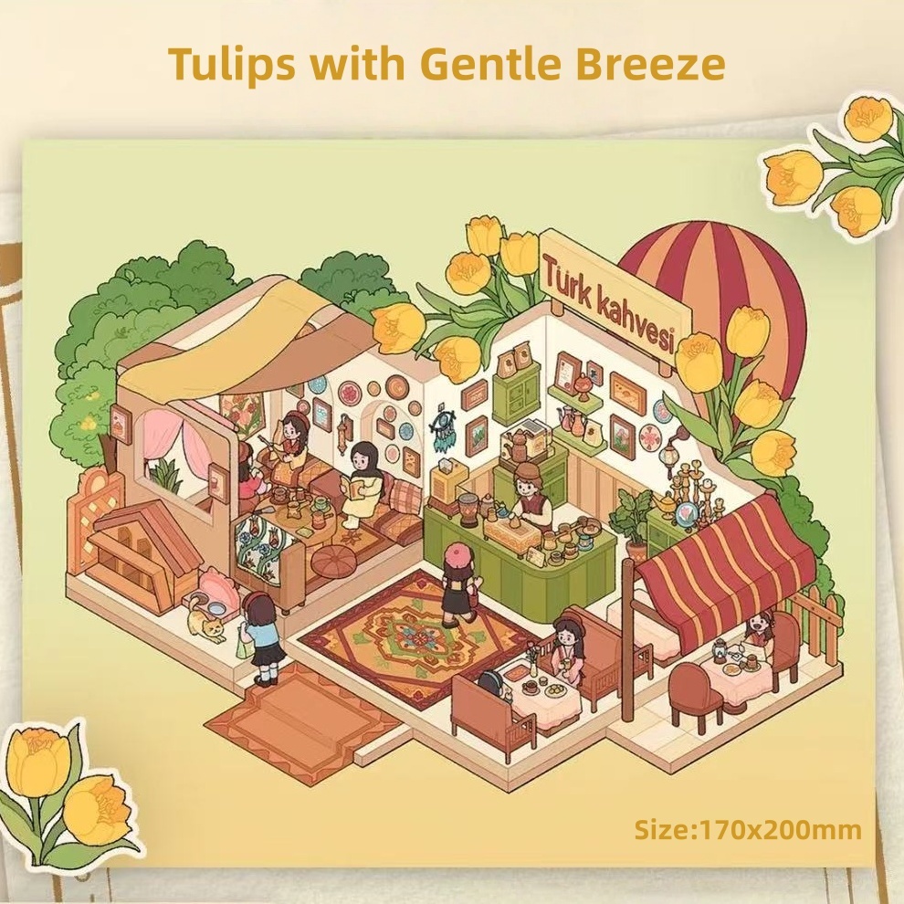 DIY 3D Miniature Scenes Stickers-Rose Tea|ShowaSakura|Tulips with Gentle Breeze