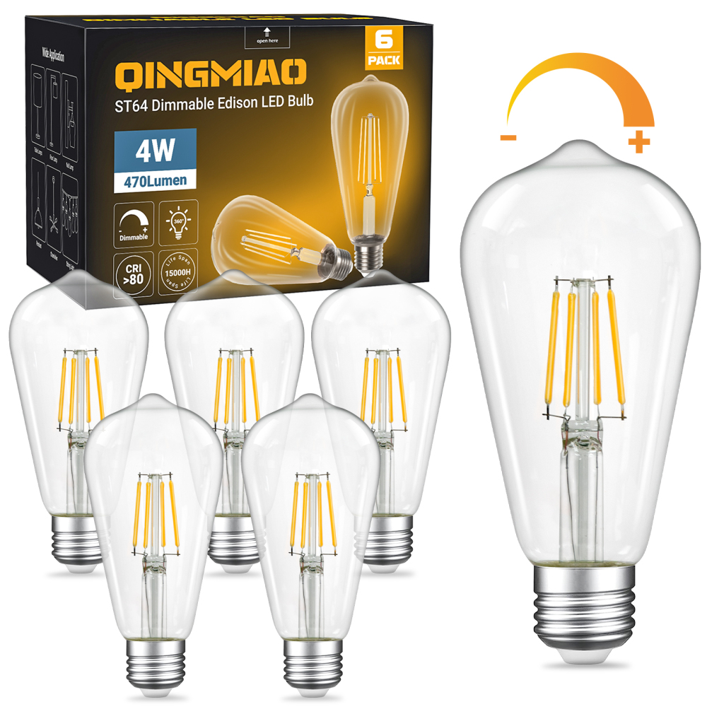 Dimmable LED Edison Bulbs 4W (40 Watt Equivalent) 400 Lumens, 3000K Soft White, ST64 E26 Base LED Light Bulbs, Vintage Clear Glass LED Filament Bulb for Home Lamp, Wall Sconce, Chandelier, 6 Pack