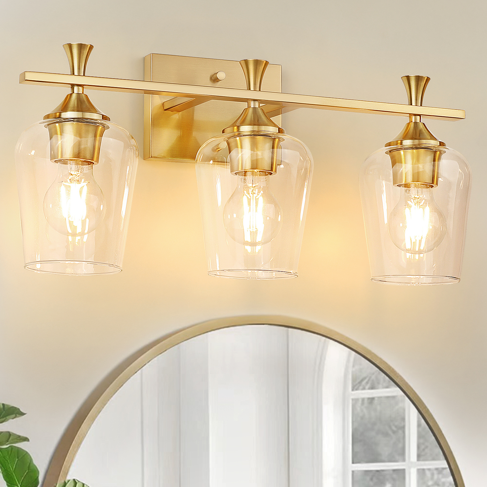 3 Light Bathroom Vanity Light Fixtures,Modern Brushed Gold Vanity Lights with High Clear Wine Glass Bathroom Lighting Over Mirror Wall Lamp for Kitchen Living Room Hallway Cabinet Porch