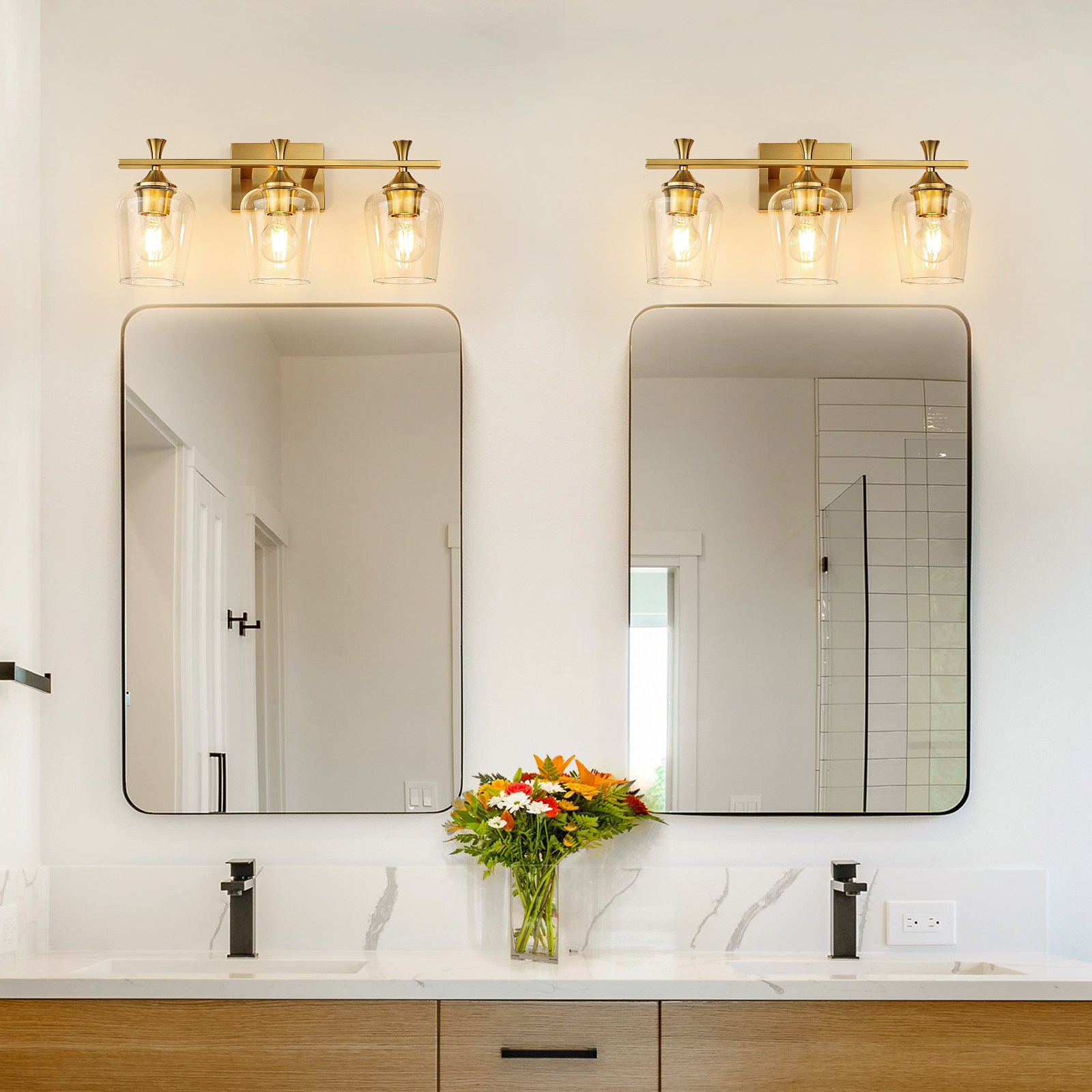 3 Light Bathroom Vanity Light Fixtures,Modern Brushed Gold Vanity Lights with High Clear Wine Glass Bathroom Lighting Over Mirror Wall Lamp for Kitchen Living Room Hallway Cabinet Porch