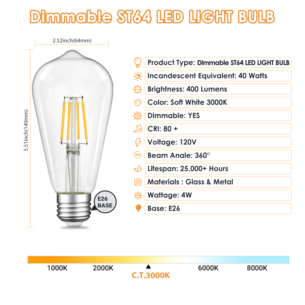 Dimmable LED Edison Bulbs 4W (40 Watt Equivalent) 400 Lumens, 3000K Soft White, ST64 E26 Base LED Light Bulbs, Vintage Clear Glass LED Filament Bulb for Home Lamp, Wall Sconce, Chandelier, 6 Pack