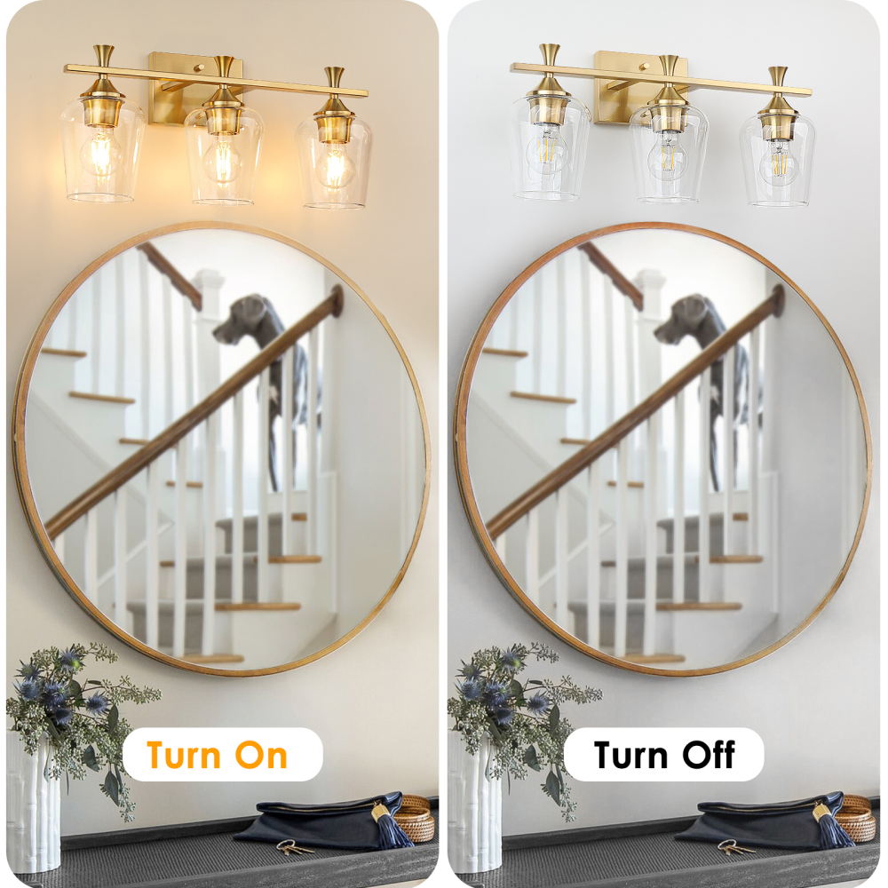 3 Light Bathroom Vanity Light Fixtures,Modern Brushed Gold Vanity Lights with High Clear Wine Glass Bathroom Lighting Over Mirror Wall Lamp for Kitchen Living Room Hallway Cabinet Porch