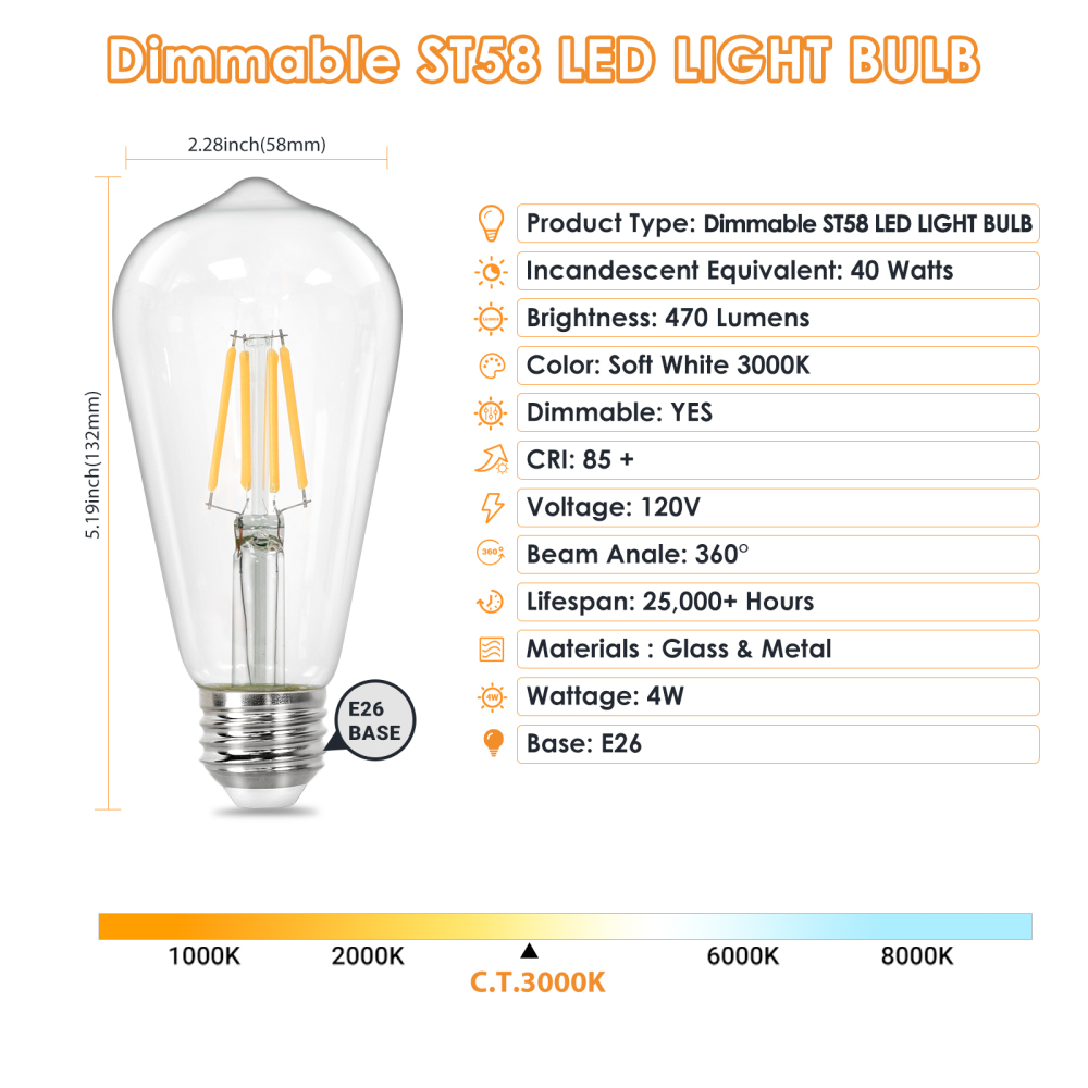 Vintage LED Edison Bulbs, ST58 Dimmable 4W E26 LED Bulb 40W Equivalent, 3000K Soft White Led Light Bulbs, Antique LED Filament Bulbs, CRI 80+, Flicker Free, No Glare, Clear Glass, Pack of 6