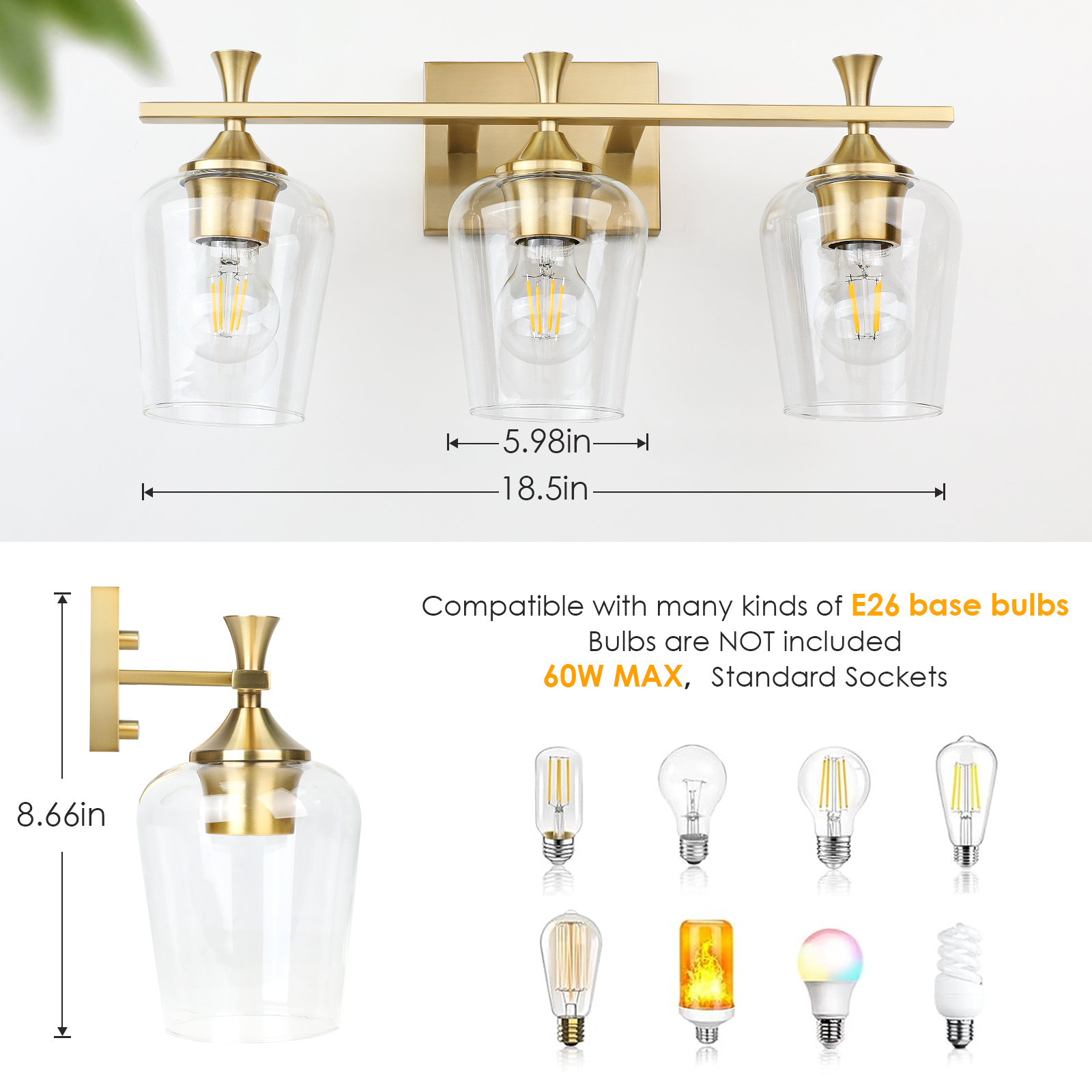 3 Light Bathroom Vanity Light Fixtures,Modern Brushed Gold Vanity Lights with High Clear Wine Glass Bathroom Lighting Over Mirror Wall Lamp for Kitchen Living Room Hallway Cabinet Porch