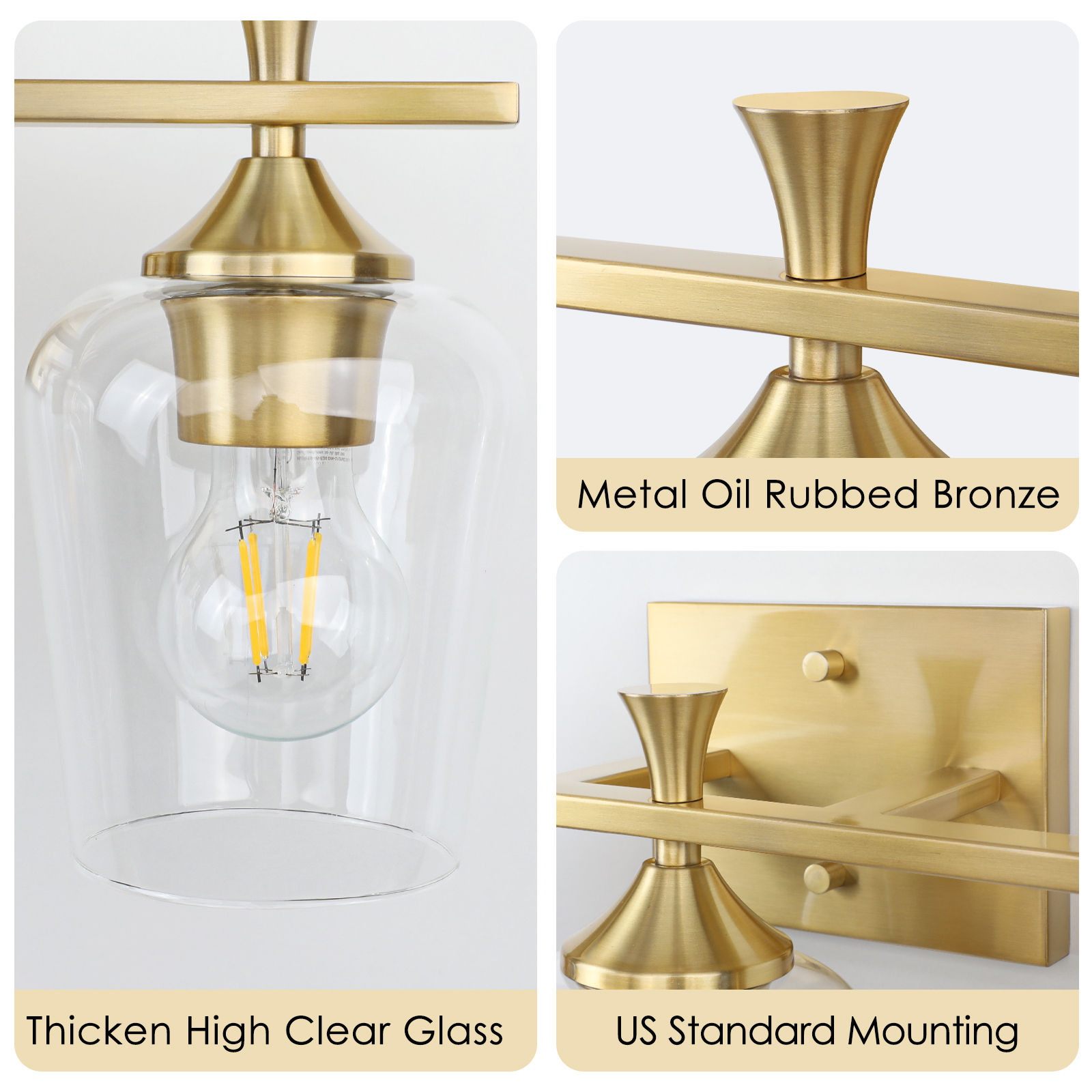 3 Light Bathroom Vanity Light Fixtures,Modern Brushed Gold Vanity Lights with High Clear Wine Glass Bathroom Lighting Over Mirror Wall Lamp for Kitchen Living Room Hallway Cabinet Porch