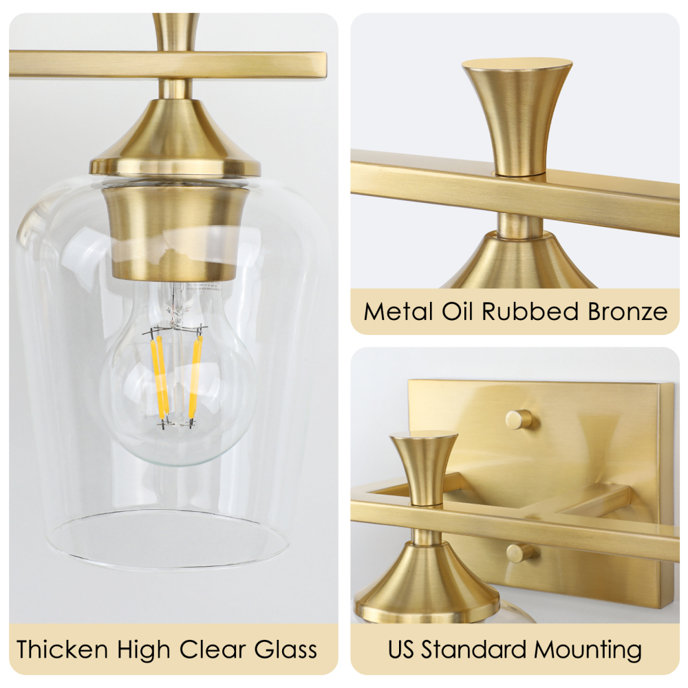 3 Light Bathroom Vanity Light Fixtures,Modern Brushed Gold Vanity Lights with High Clear Wine Glass Bathroom Lighting Over Mirror Wall Lamp for Kitchen Living Room Hallway Cabinet Porch