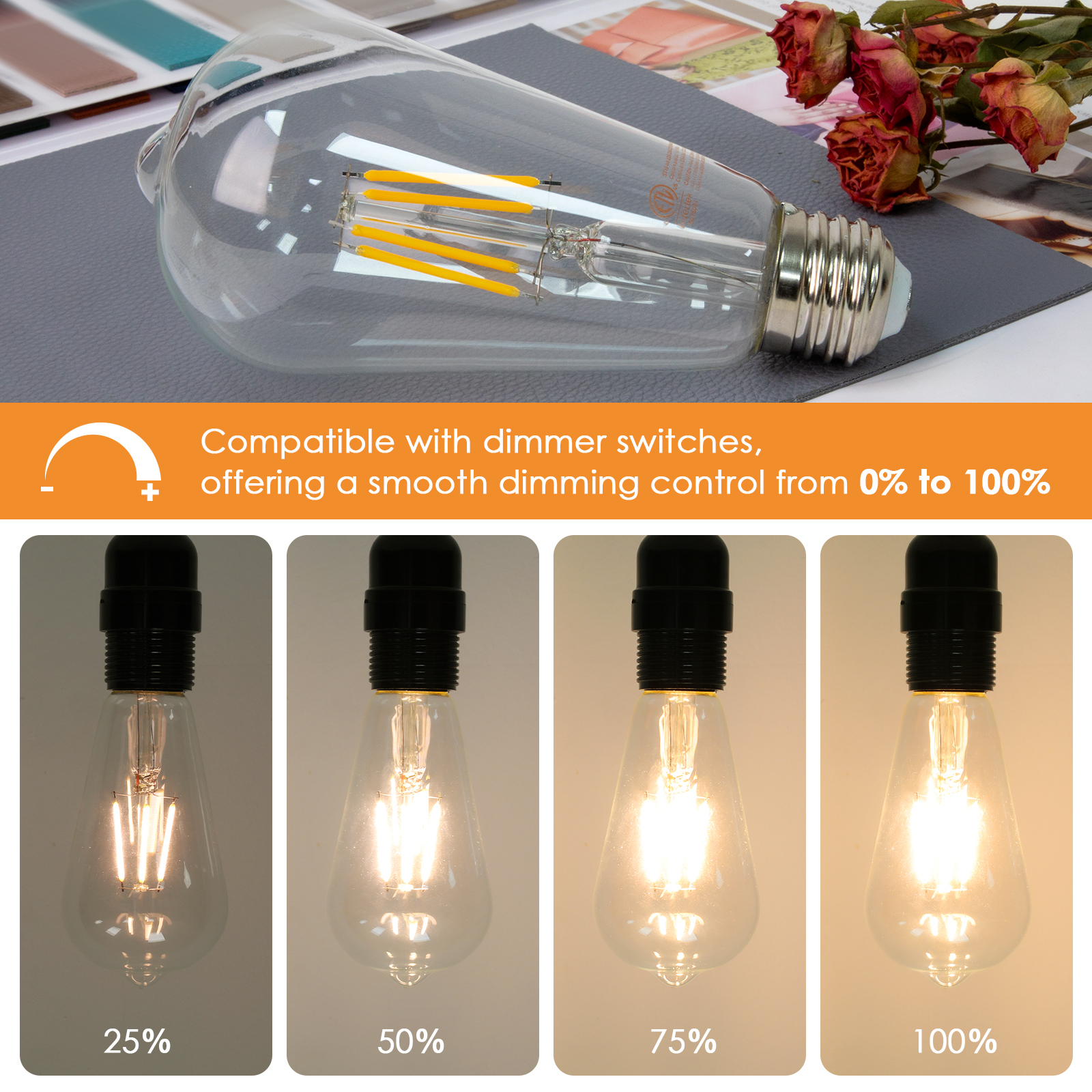 Dimmable LED Edison Bulbs 4W (40 Watt Equivalent) 400 Lumens, 3000K Soft White, ST64 E26 Base LED Light Bulbs, Vintage Clear Glass LED Filament Bulb for Home Lamp, Wall Sconce, Chandelier, 6 Pack