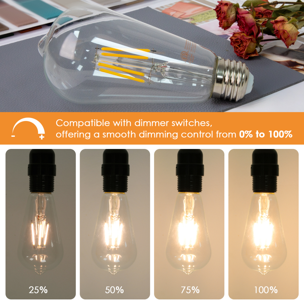 Dimmable LED Edison Bulbs 4W (40 Watt Equivalent) 400 Lumens, 3000K Soft White, ST64 E26 Base LED Light Bulbs, Vintage Clear Glass LED Filament Bulb for Home Lamp, Wall Sconce, Chandelier, 6 Pack