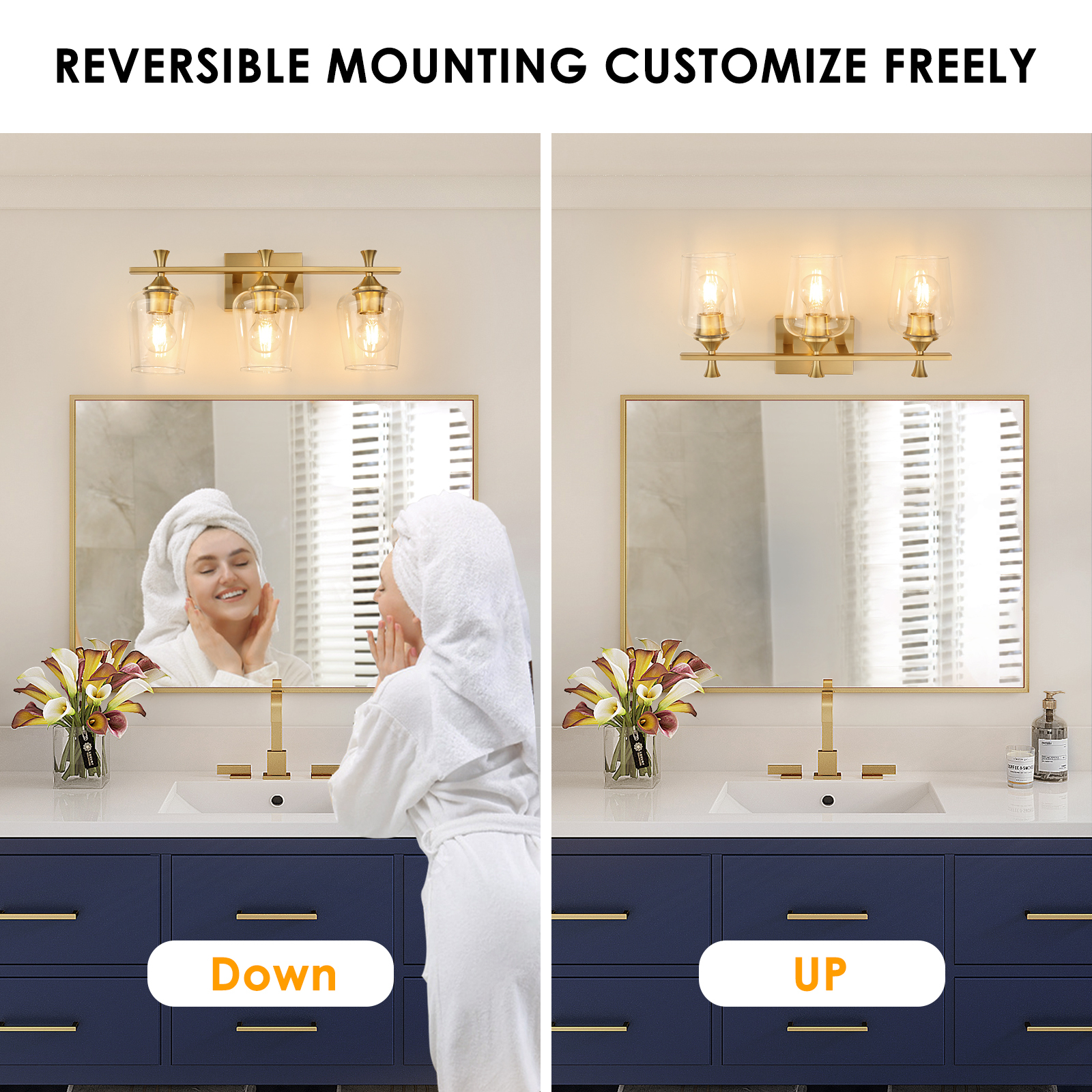 3 Light Bathroom Vanity Light Fixtures,Modern Brushed Gold Vanity Lights with High Clear Wine Glass Bathroom Lighting Over Mirror Wall Lamp for Kitchen Living Room Hallway Cabinet Porch