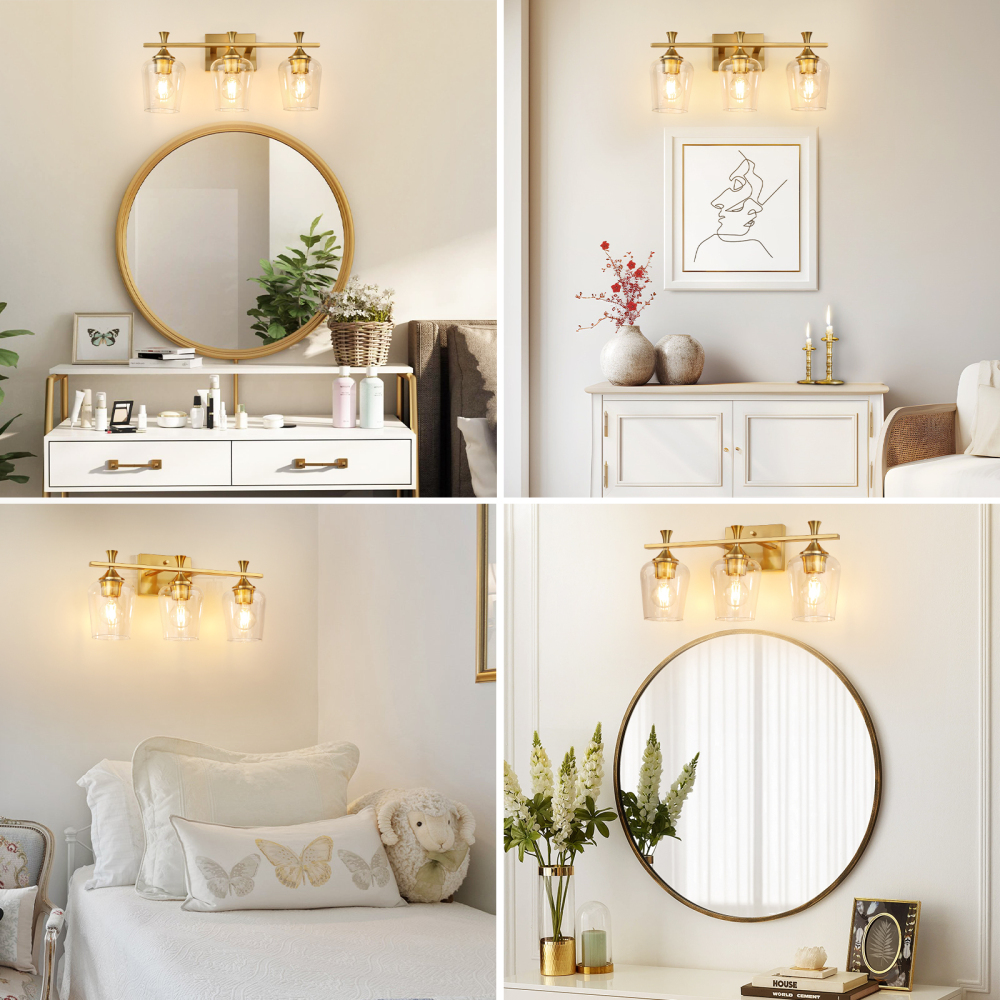 3 Light Bathroom Vanity Light Fixtures,Modern Brushed Gold Vanity Lights with High Clear Wine Glass Bathroom Lighting Over Mirror Wall Lamp for Kitchen Living Room Hallway Cabinet Porch