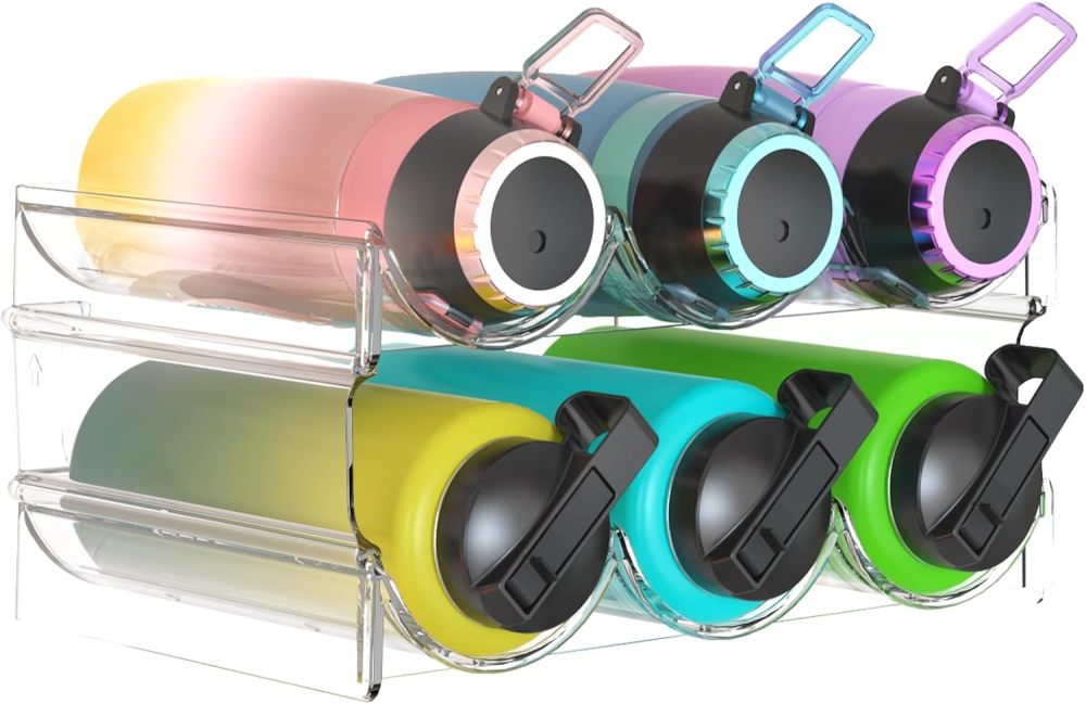 Plastic Water Bottle Organizer and Wine Rack Storage Holder,2 Tier 6 Containers Stackable Free-Standing Bottle Storage Rack for Kitchen Countertops, Table Top, Pantry, Bars, Cabinets, Fridge - Clear