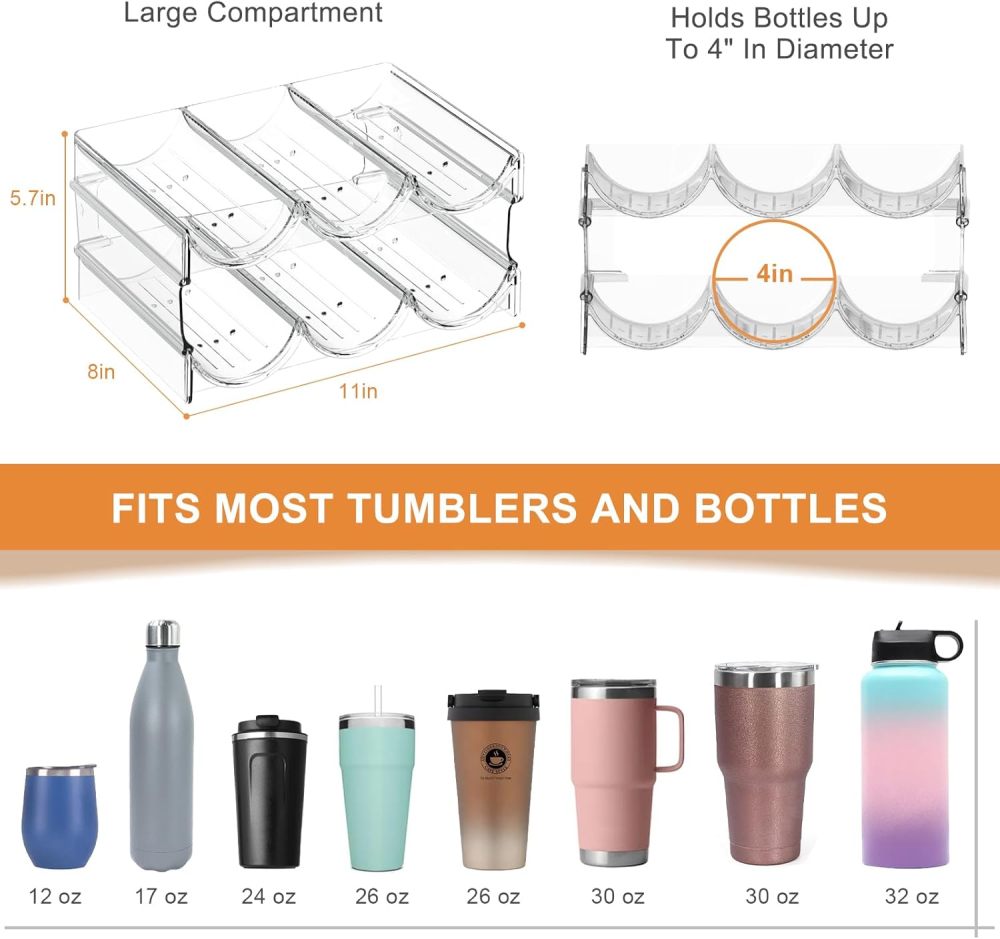 Plastic Water Bottle Organizer and Wine Rack Storage Holder,2 Tier 6 Containers Stackable Free-Standing Bottle Storage Rack for Kitchen Countertops, Table Top, Pantry, Bars, Cabinets, Fridge - Clear