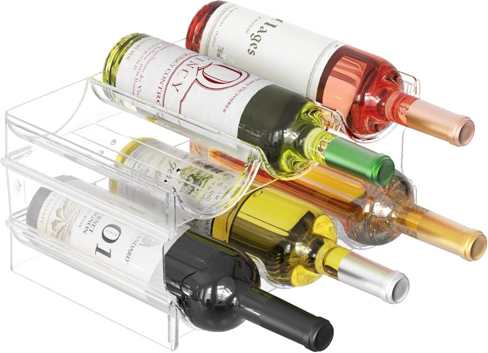 Plastic Water Bottle Organizer and Wine Rack Storage Holder,2 Tier 6 Containers Stackable Free-Standing Bottle Storage Rack for Kitchen Countertops, Table Top, Pantry, Bars, Cabinets, Fridge - Clear