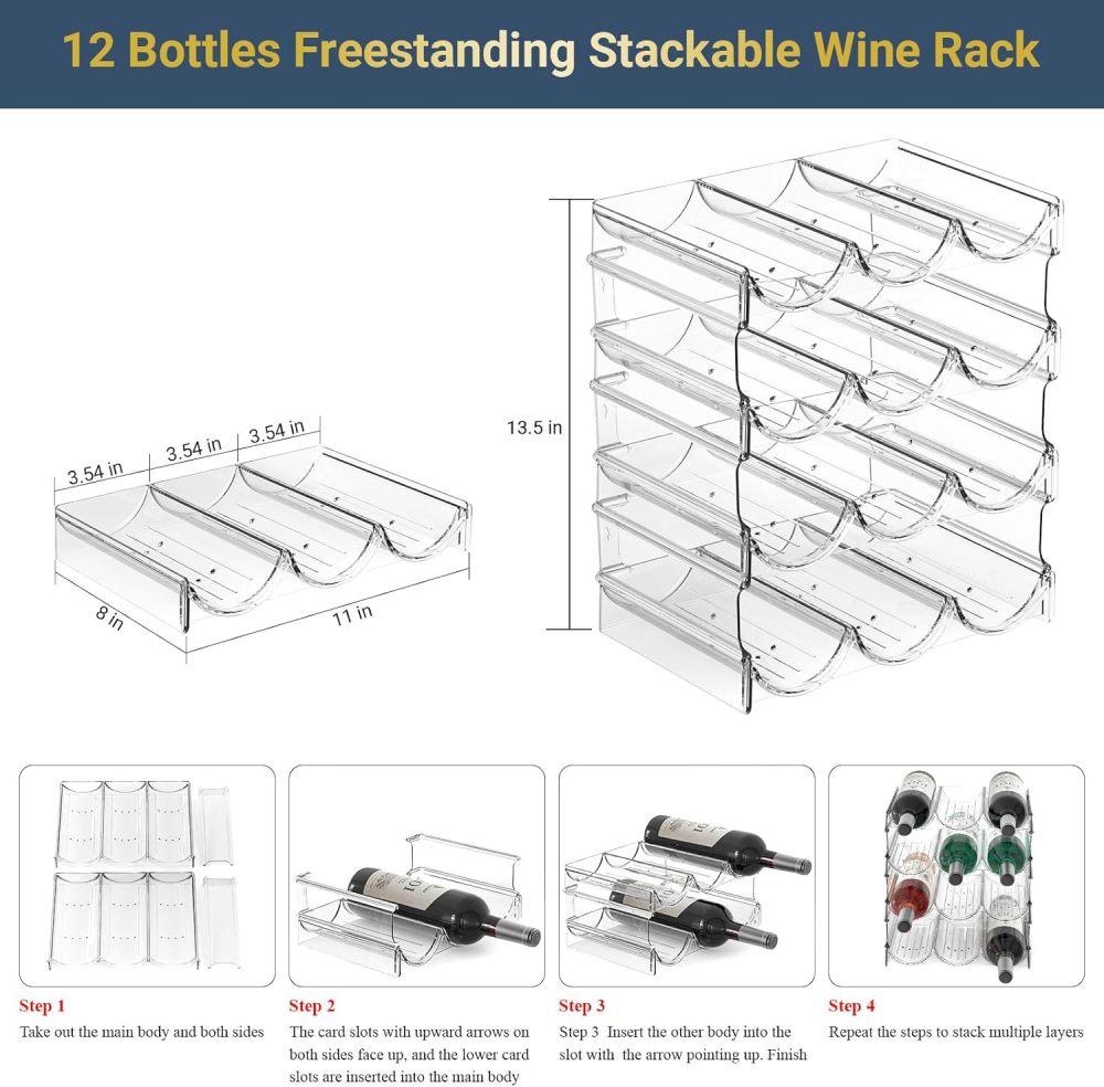 Plastic Water Bottle Organizer and Wine Rack Storage Holder,4 Tier 12 Containers Stackable Free-Standing Bottle Storage Rack for Kitchen Countertops, Table Top, Pantry, Bars, Cabinets, Fridge - Clear