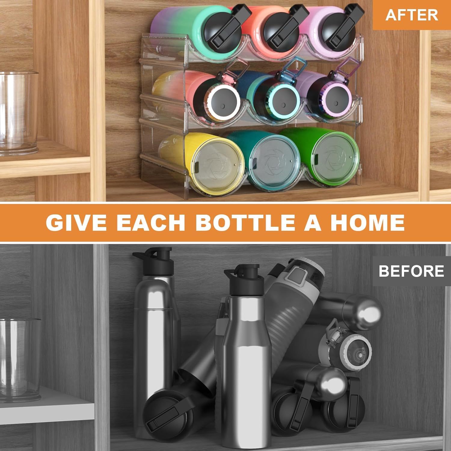 Wine Rack for Inside Cabinet,Wine Bottle Holder Clear Wine Storage Shelf Fridge Organizer - Stackable Water Bottle Organizer Pantry Kitchen Cup/Can/Mug Display Shelf Upgraded Thicken