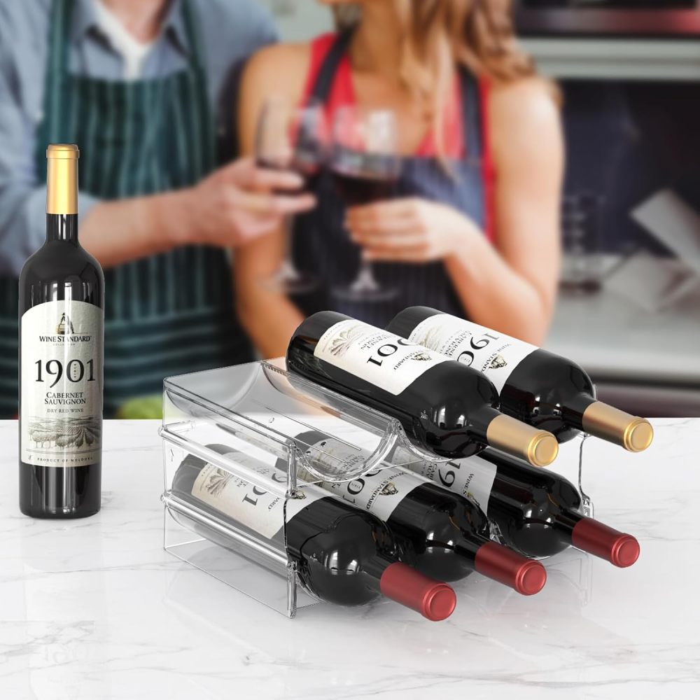 Plastic Water Bottle Organizer and Wine Rack Storage Holder,2 Tier 6 Containers Stackable Free-Standing Bottle Storage Rack for Kitchen Countertops, Table Top, Pantry, Bars, Cabinets, Fridge - Clear