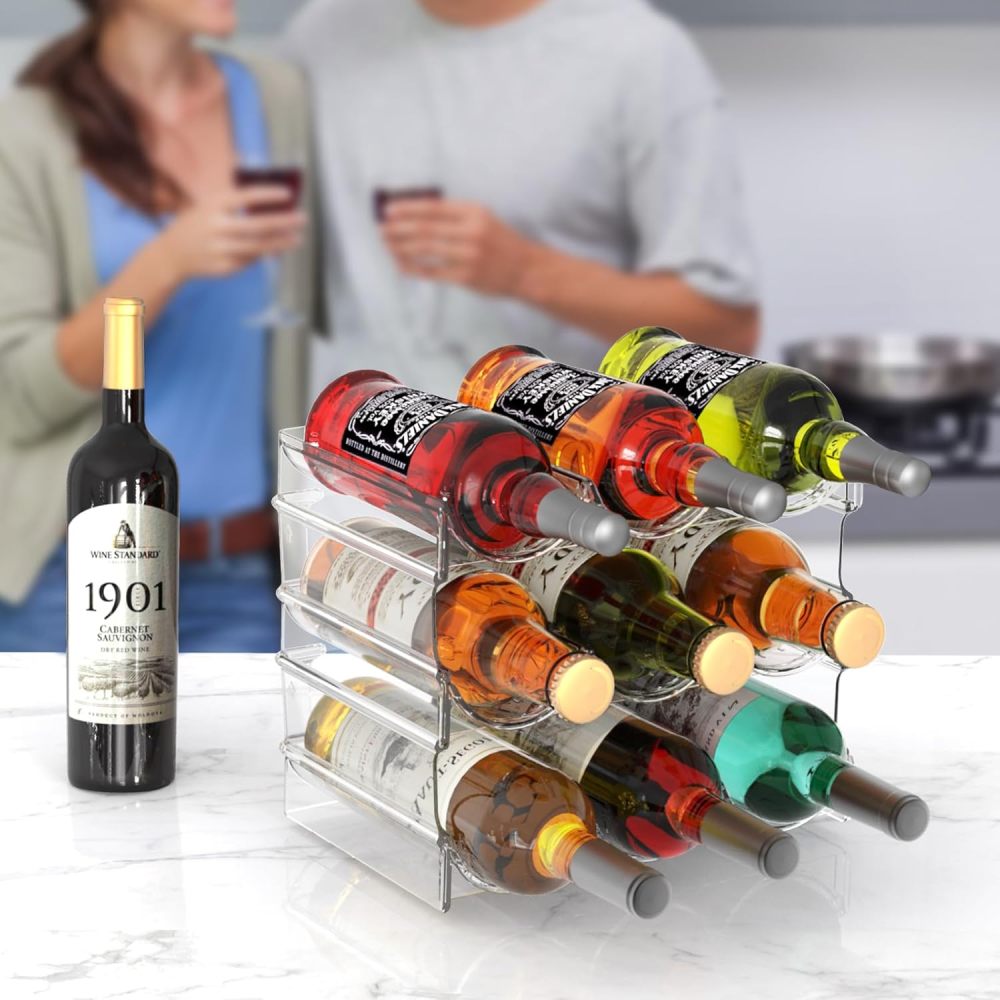 Wine Rack for Inside Cabinet,Wine Bottle Holder Clear Wine Storage Shelf Fridge Organizer - Stackable Water Bottle Organizer Pantry Kitchen Cup/Can/Mug Display Shelf Upgraded Thicken