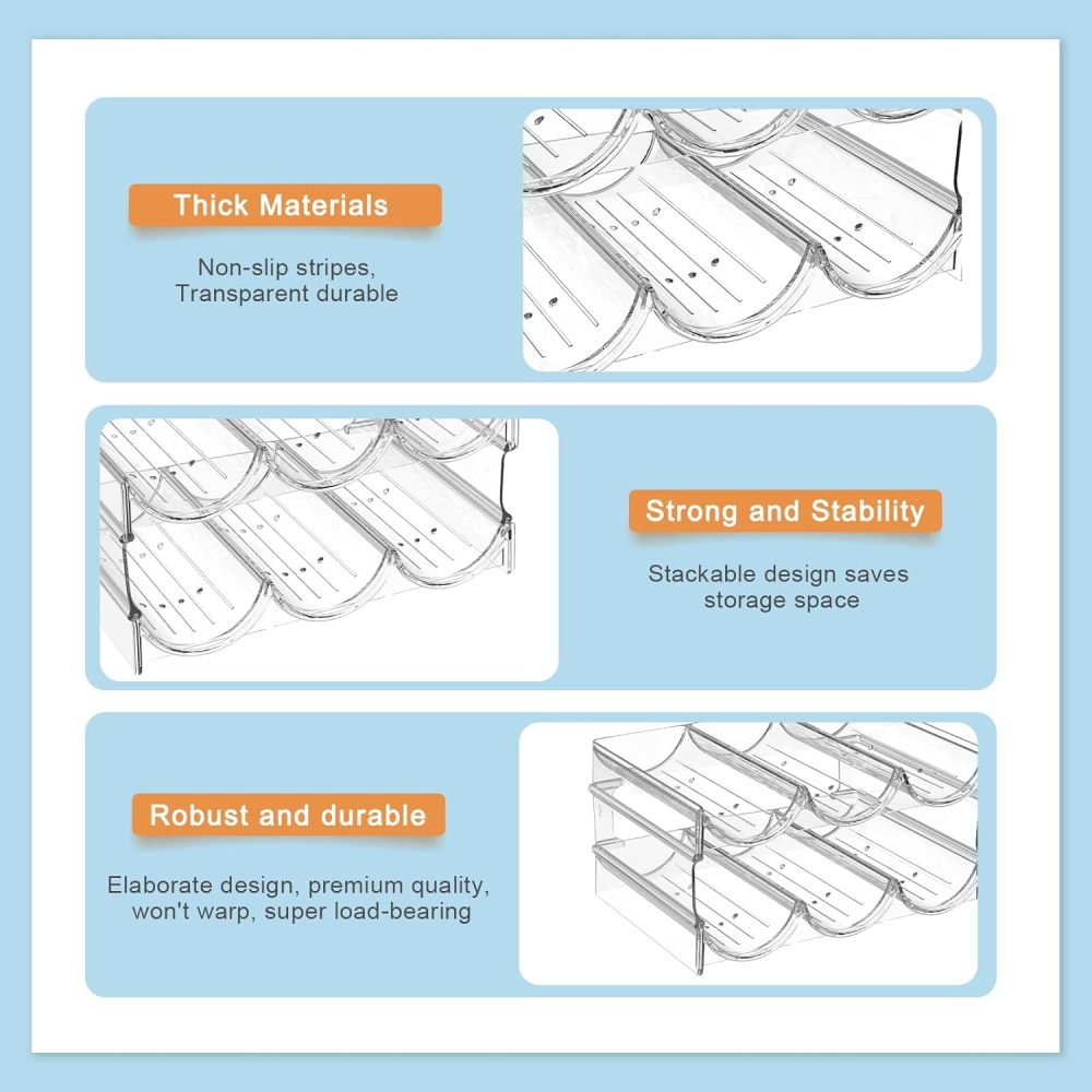 Plastic Water Bottle Organizer and Wine Rack Storage Holder,2 Tier 6 Containers Stackable Free-Standing Bottle Storage Rack for Kitchen Countertops, Table Top, Pantry, Bars, Cabinets, Fridge - Clear