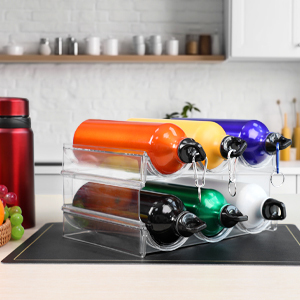 Plastic Water Bottle Organizer and Wine Rack Storage Holder,2 Tier 6 Containers Stackable Free-Standing Bottle Storage Rack for Kitchen Countertops, Table Top, Pantry, Bars, Cabinets, Fridge - Clear